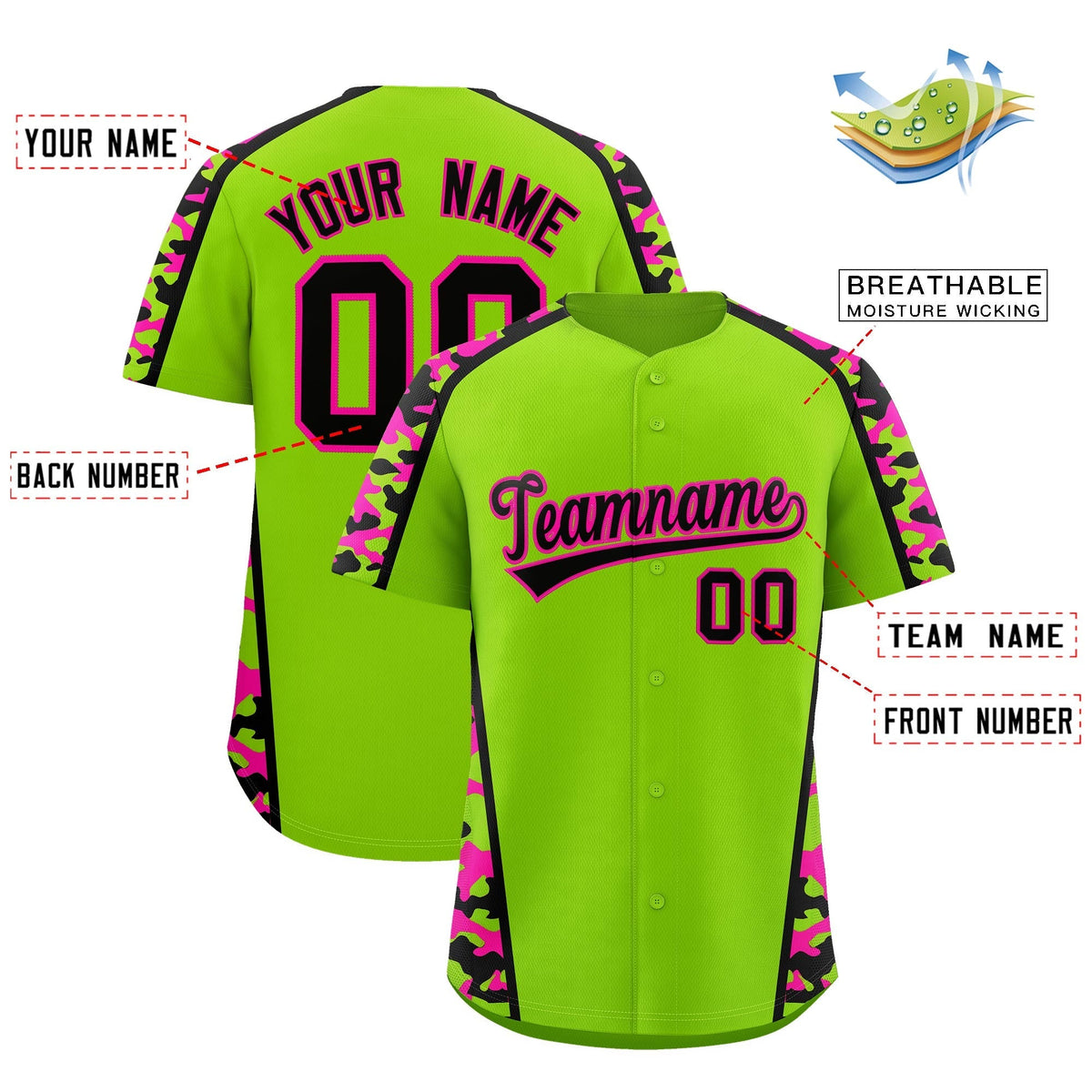 Custom Neon Green Black Pink Side Camo Style Personalization Baseball Jersey| KXKSHOP