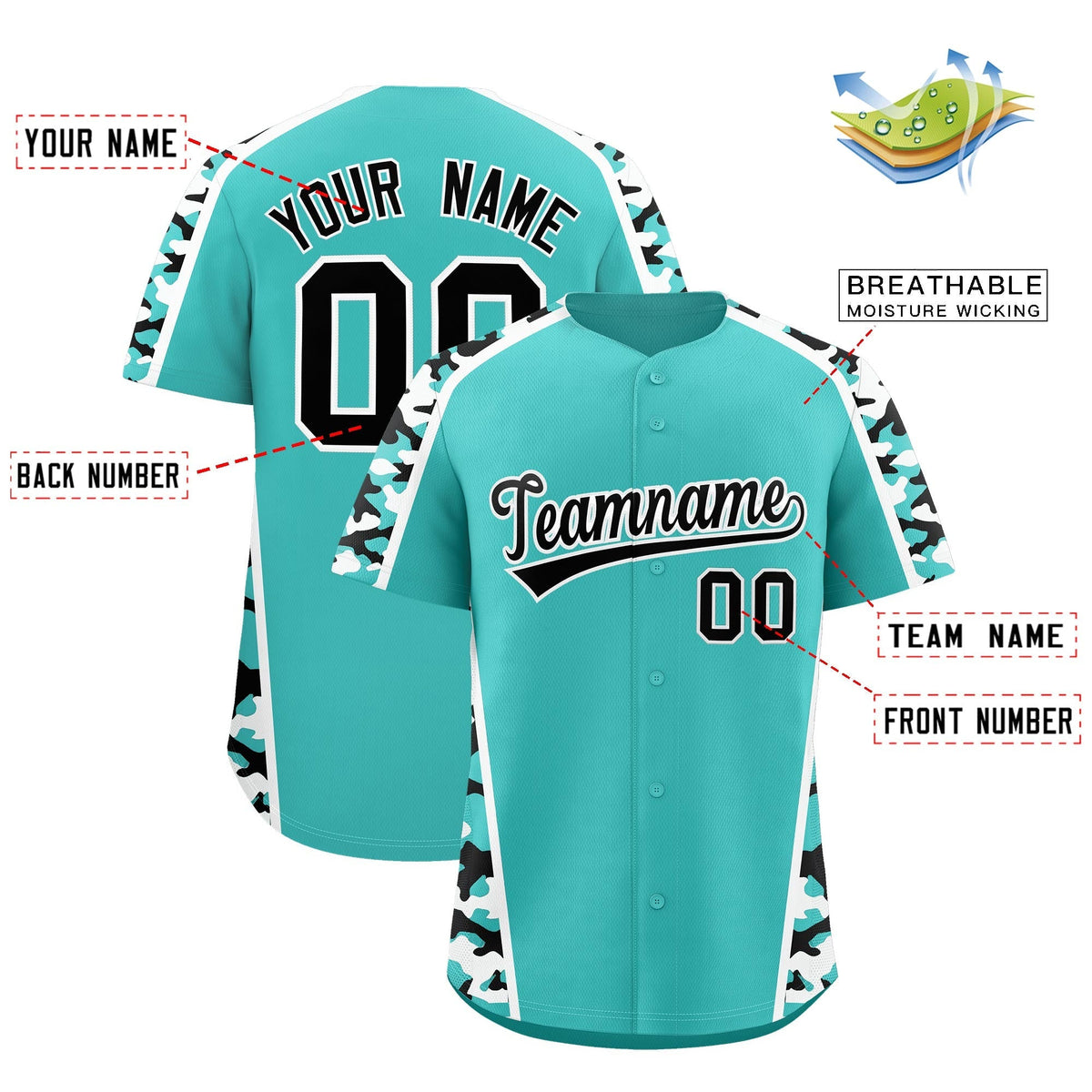 Custom Teal Black Side Camo Style Personalization Baseball Jersey| KXKSHOP