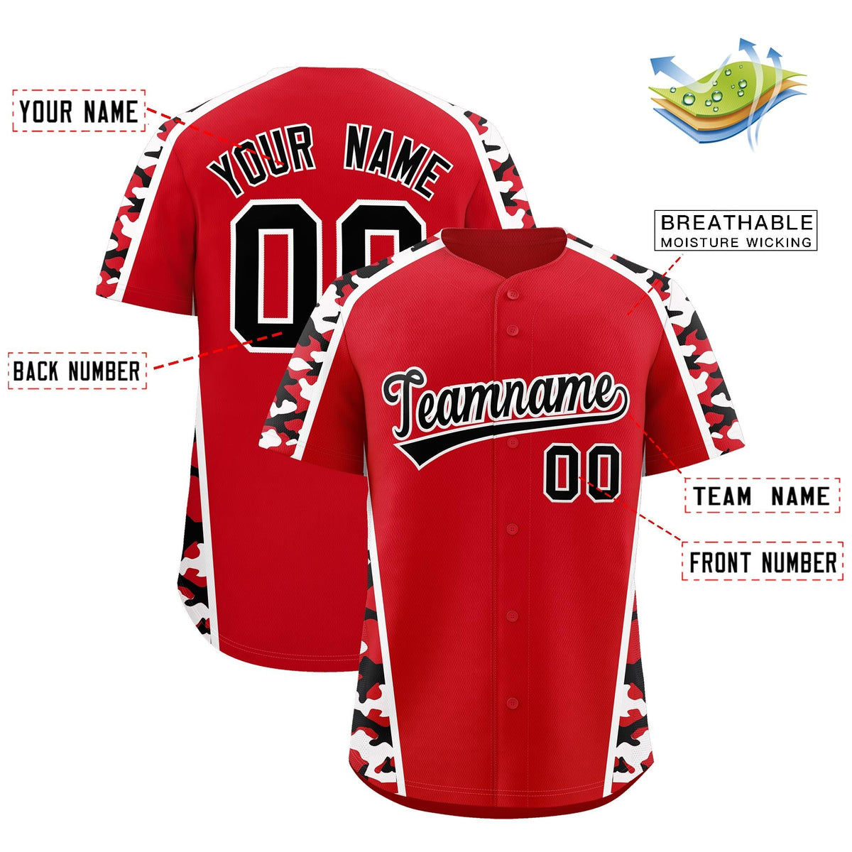 Custom Red Black Side Camo Style Personalization Baseball Jersey| KXKSHOP