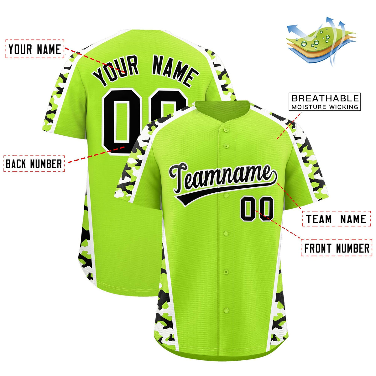 Custom Neon Green Black White Side Camo Style Personalization Baseball Jersey| KXKSHOP