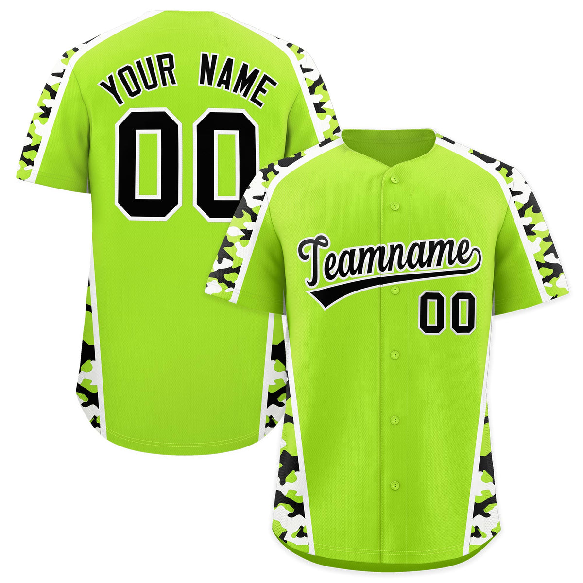 Custom Neon Green Black White Side Camo Style Personalization Baseball Jersey| KXKSHOP
