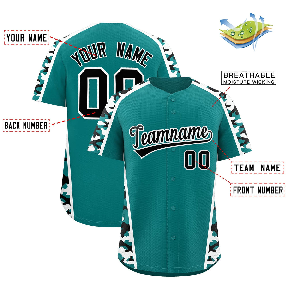 Custom Teal Black White Side Camo Style Personalization Baseball Jersey| KXKSHOP