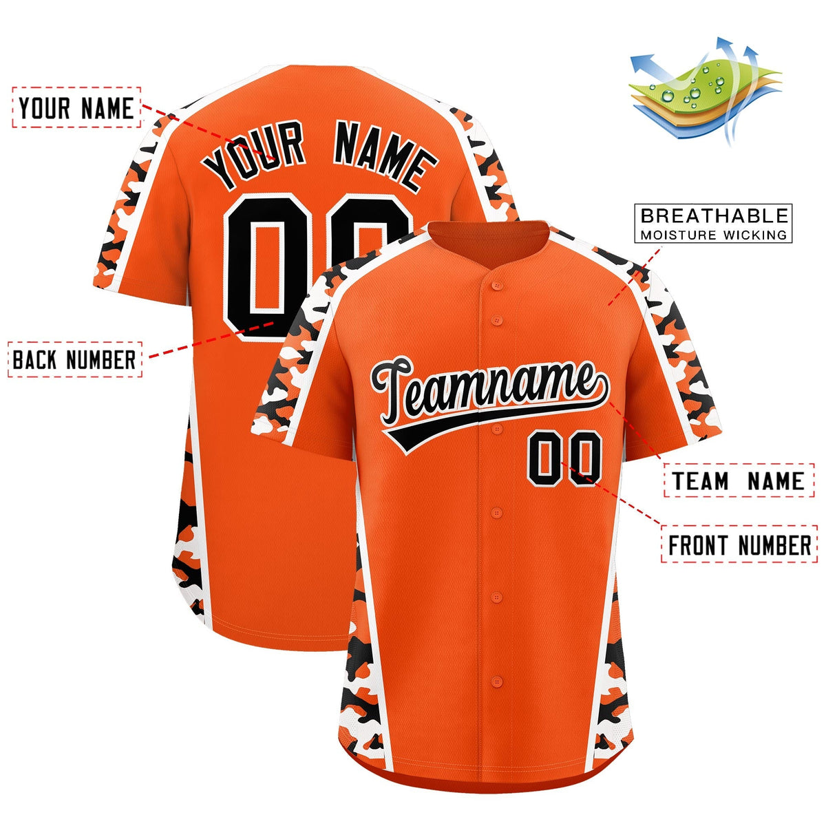 Custom Orange Black Side Camo Style Personalization Baseball Jersey| KXKSHOP