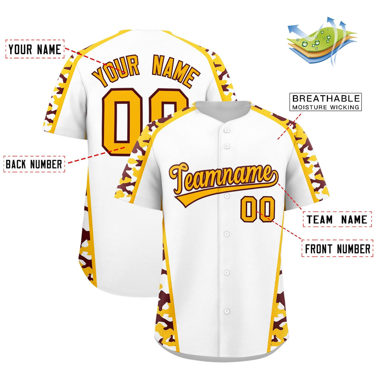 Custom White Yellow Side Camo Style Personalization Baseball Jersey| KXKSHOP