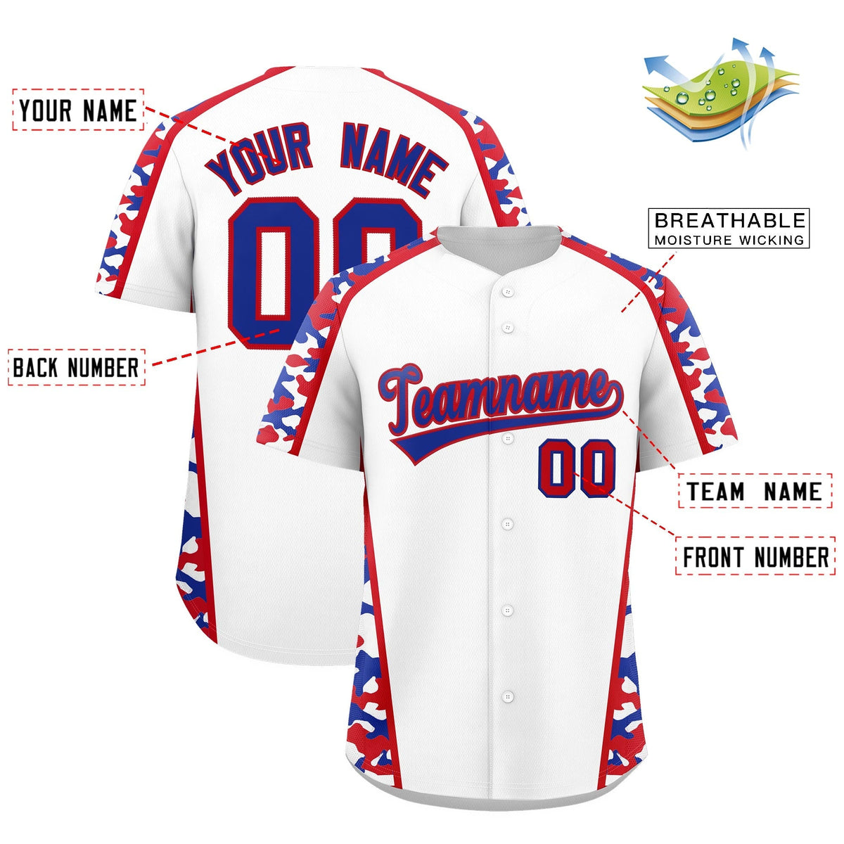 Custom White Royal Blue Side Camo Style Personalization Baseball Jersey| KXKSHOP