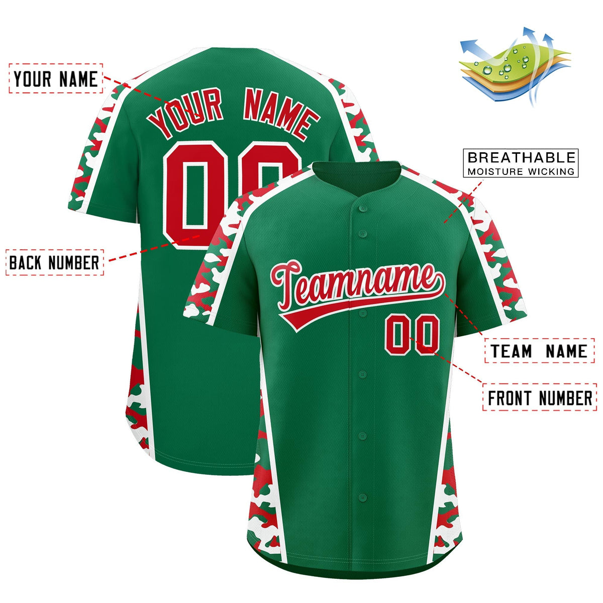 Custom Kelly Green Red Side Camo Style Personalization Baseball Jersey| KXKSHOP