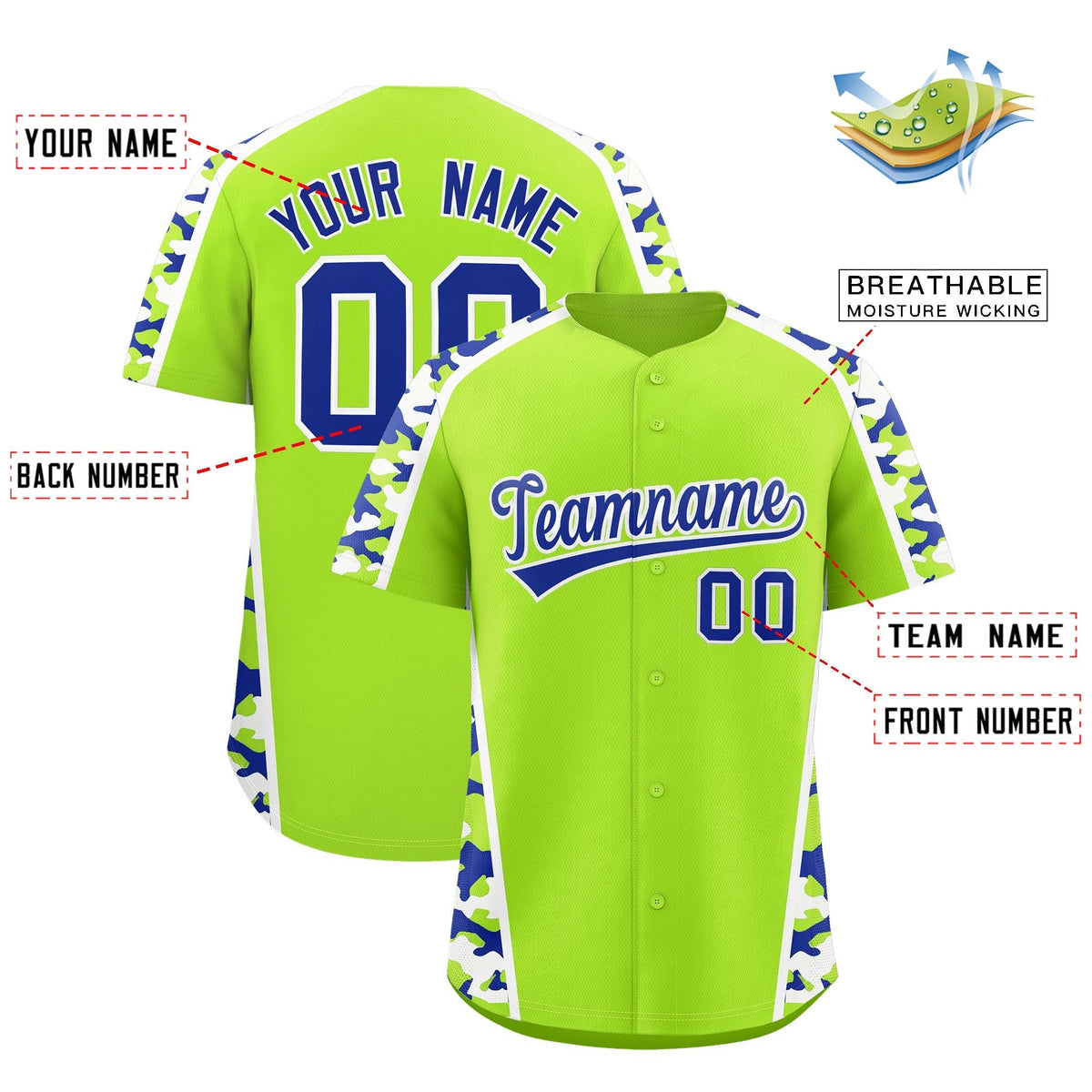 Custom Neon Green Royal Blue Side Camo Style Personalization Baseball Jersey| KXKSHOP