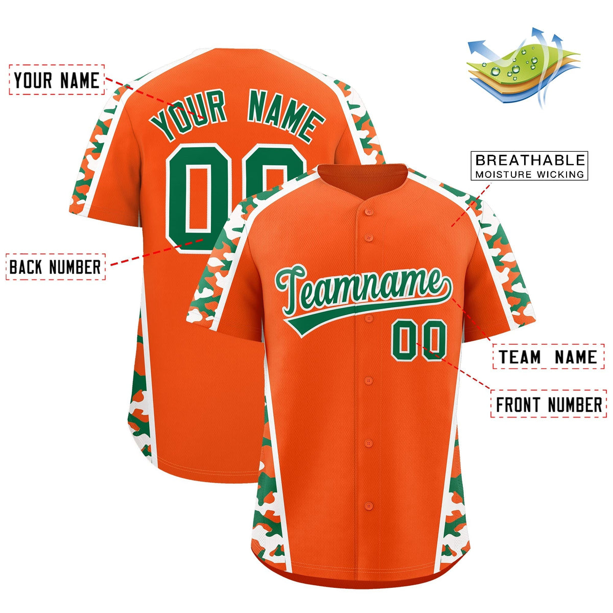 Custom Orange Kelly Green Side Camo Style Personalization Baseball Jersey| KXKSHOP