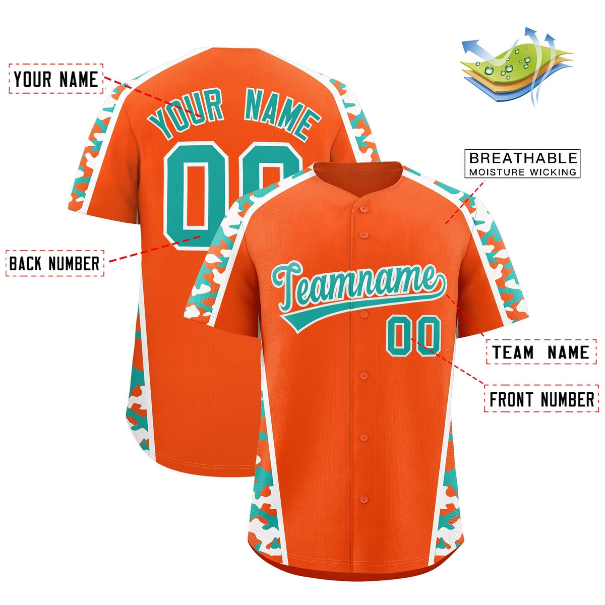 Custom Orange Aqua Side Camo Style Personalization Baseball Jersey| KXKSHOP