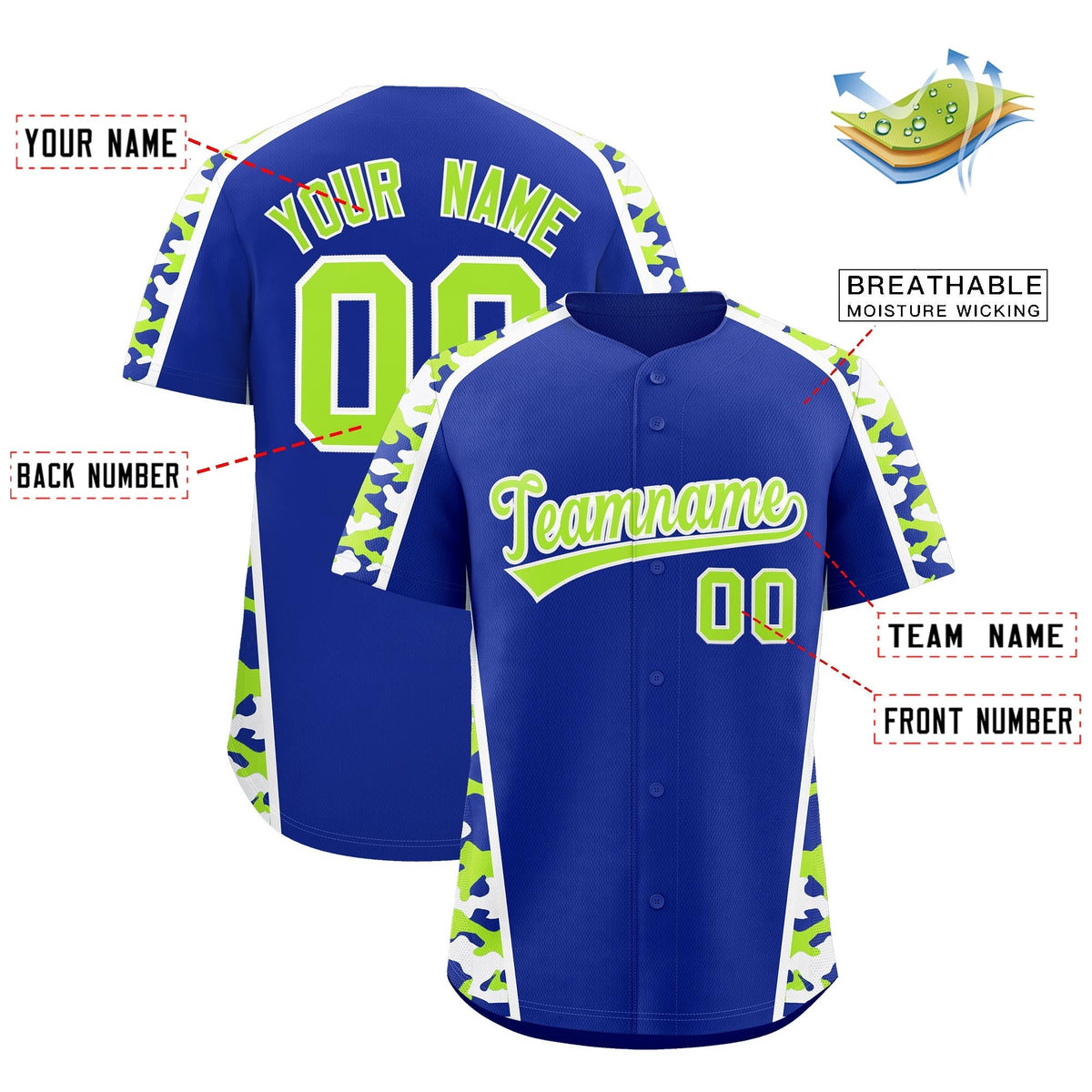 Custom Royal Blue Neon Green Side Camo Style Personalization Baseball Jersey| KXKSHOP