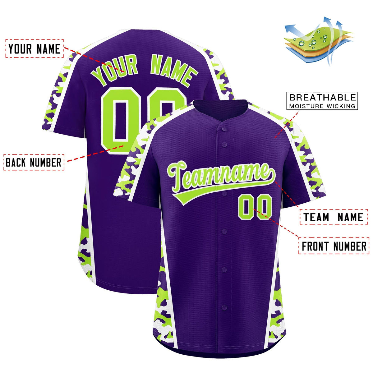 Custom Purple Neon Green Side Camo Style Personalization Baseball Jersey| KXKSHOP