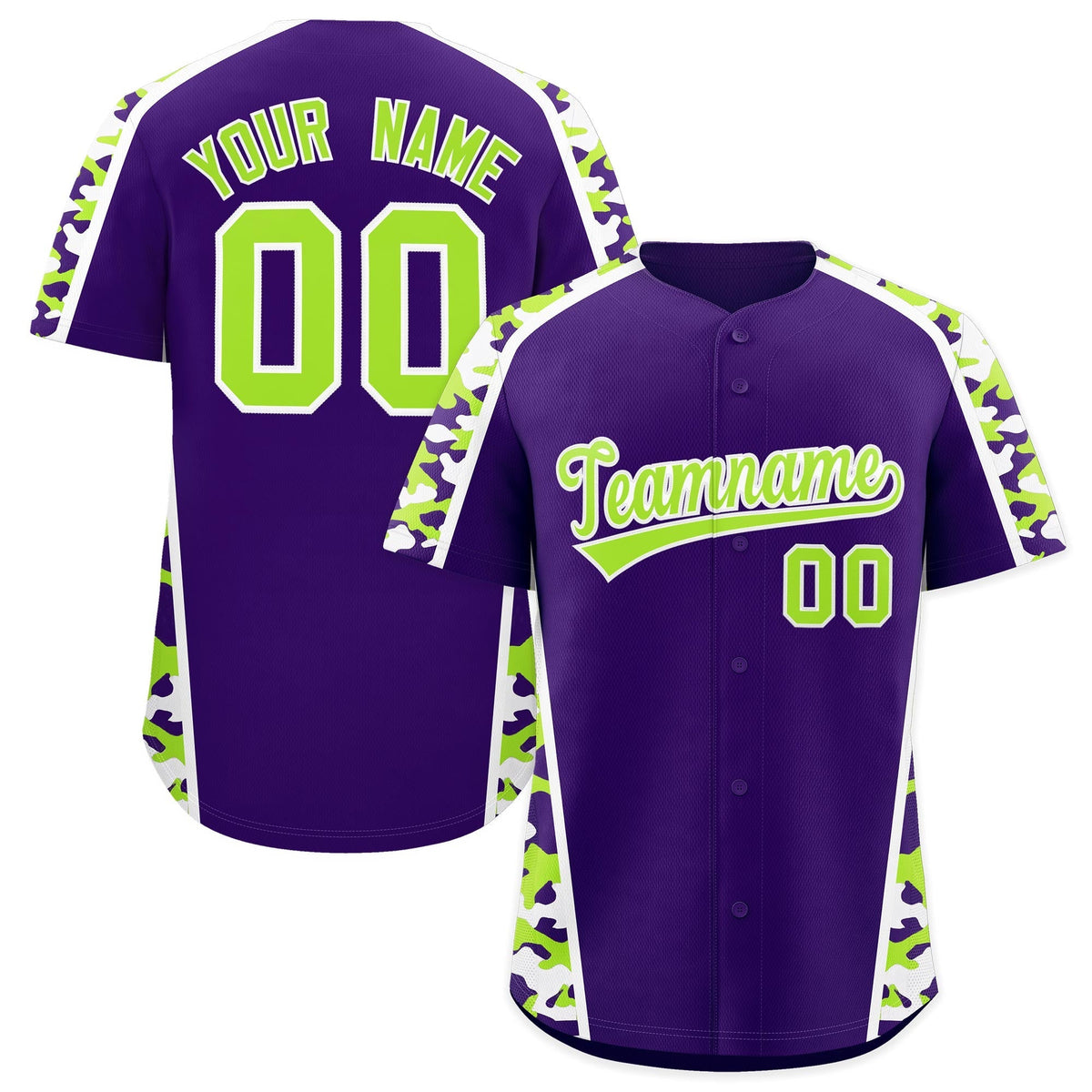 Custom Purple Neon Green Side Camo Style Personalization Baseball Jersey| KXKSHOP