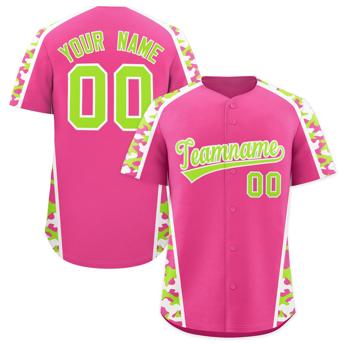 Custom Pink Neon Green Side Camo Style Personalization Baseball Jersey| KXKSHOP