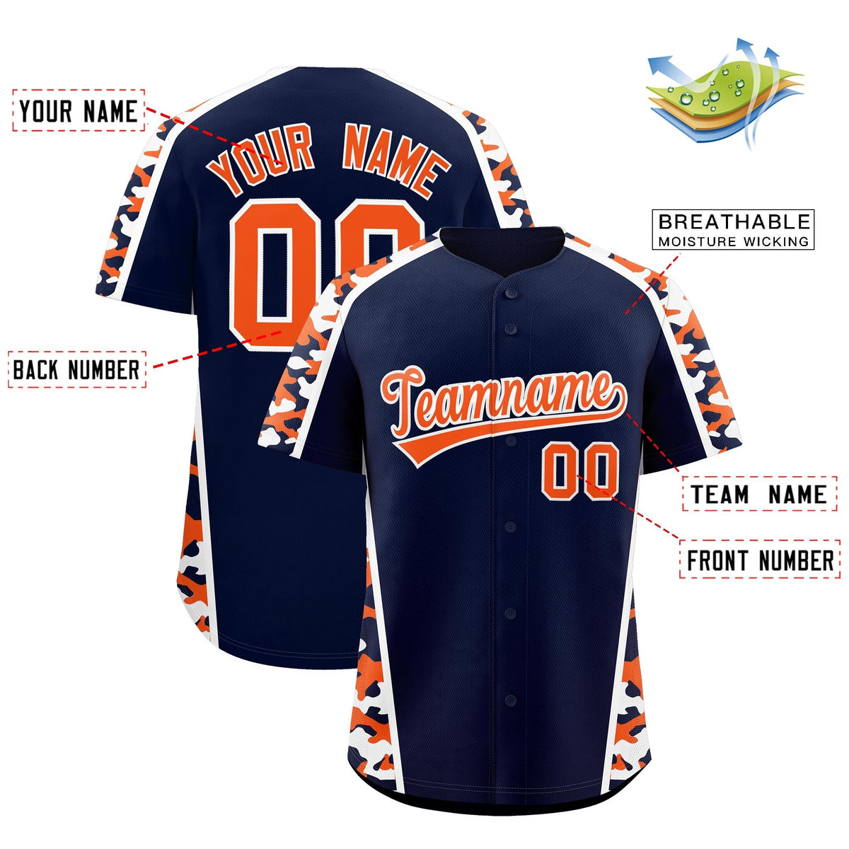 Custom Navy Orange Side Camo Style Personalization Baseball Jersey| KXKSHOP