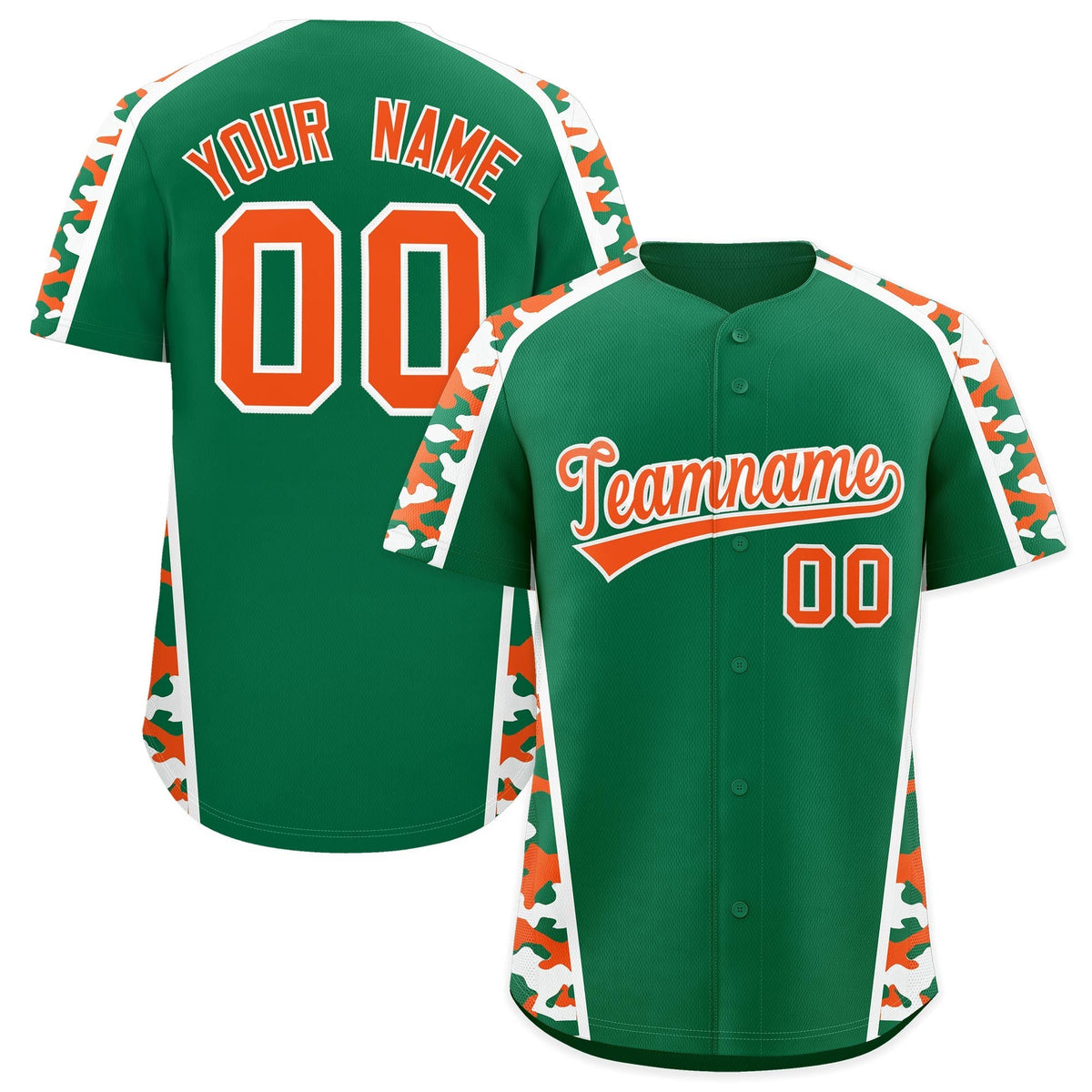 Custom Kelly Green Orange Side Camo Style Personalization Baseball Jersey| KXKSHOP