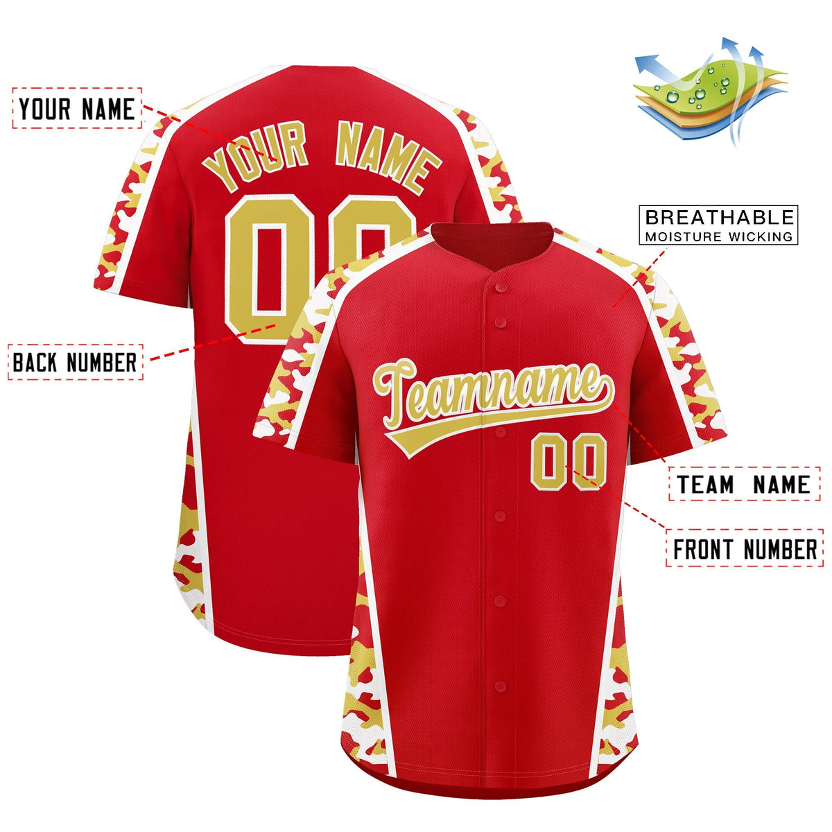Custom Red Old Gold Side Camo Style Personalization Baseball Jersey| KXKSHOP