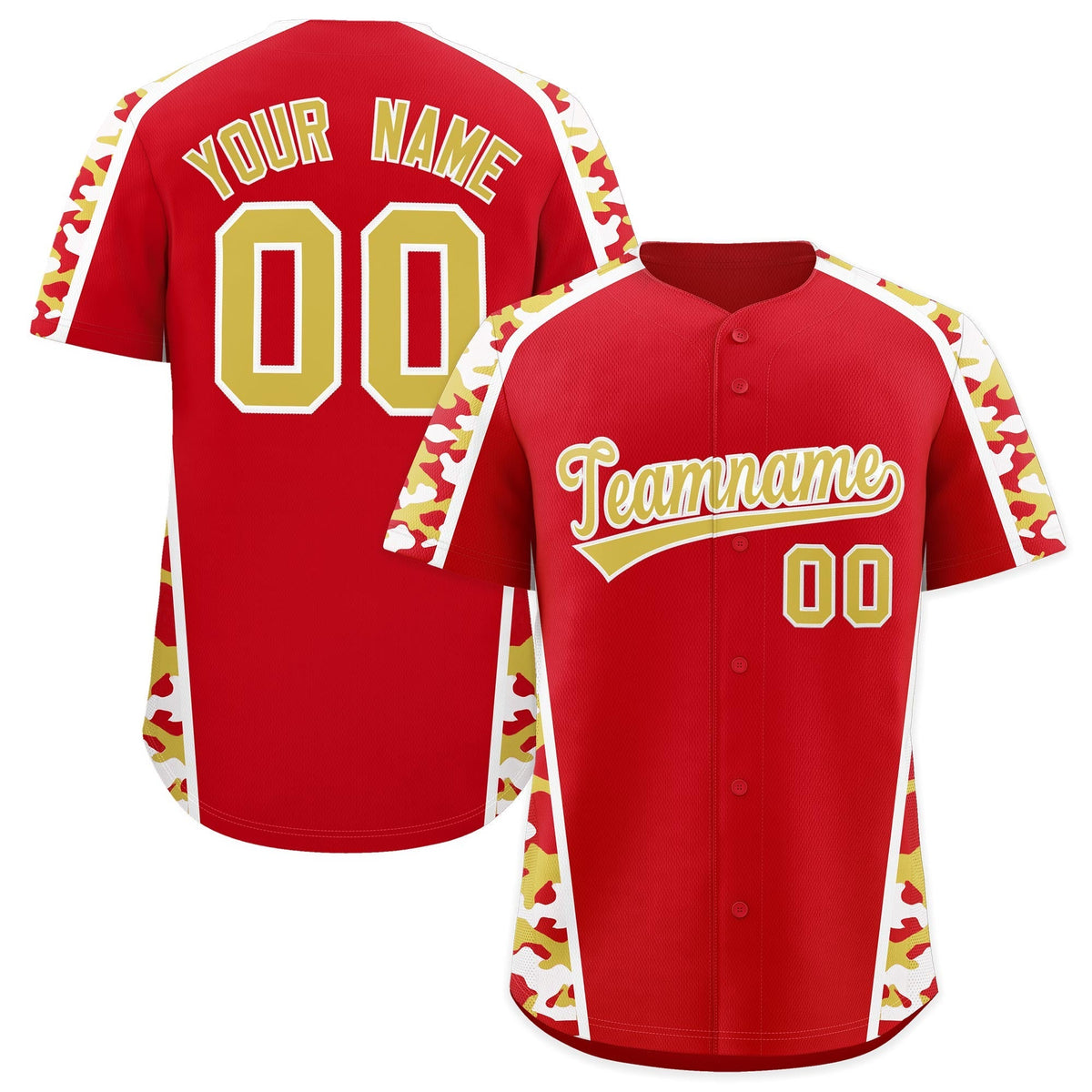 Custom Red Old Gold Side Camo Style Personalization Baseball Jersey| KXKSHOP