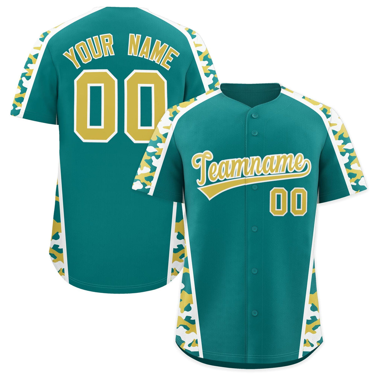 Custom Teal Old Gold Side Camo Style Personalization Baseball Jersey| KXKSHOP