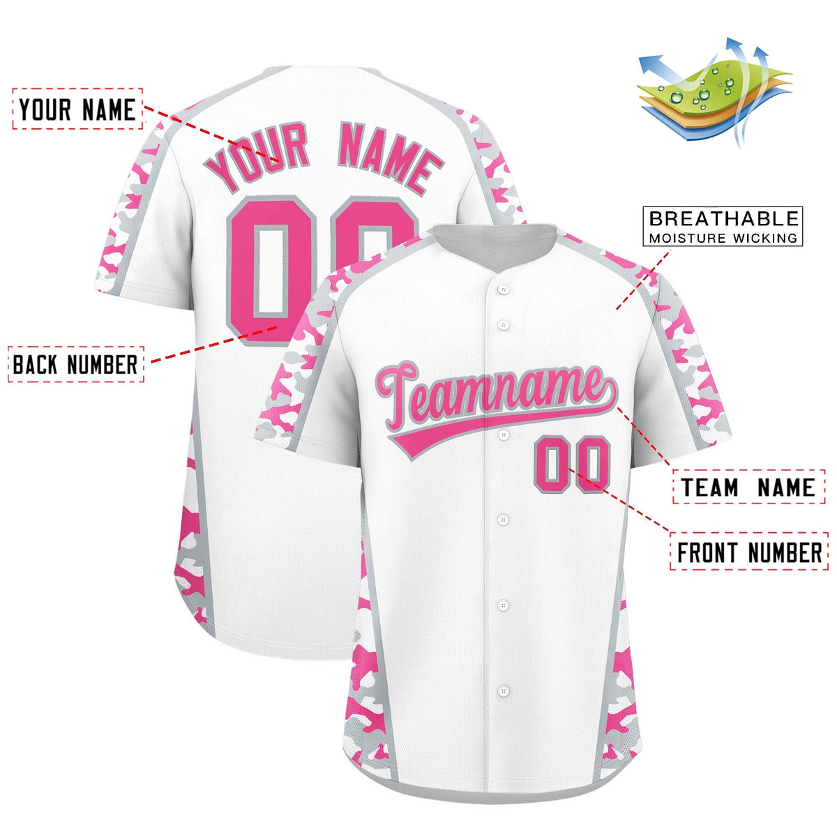 Custom White Pink Side Camo Style Personalization Baseball Jersey| KXKSHOP