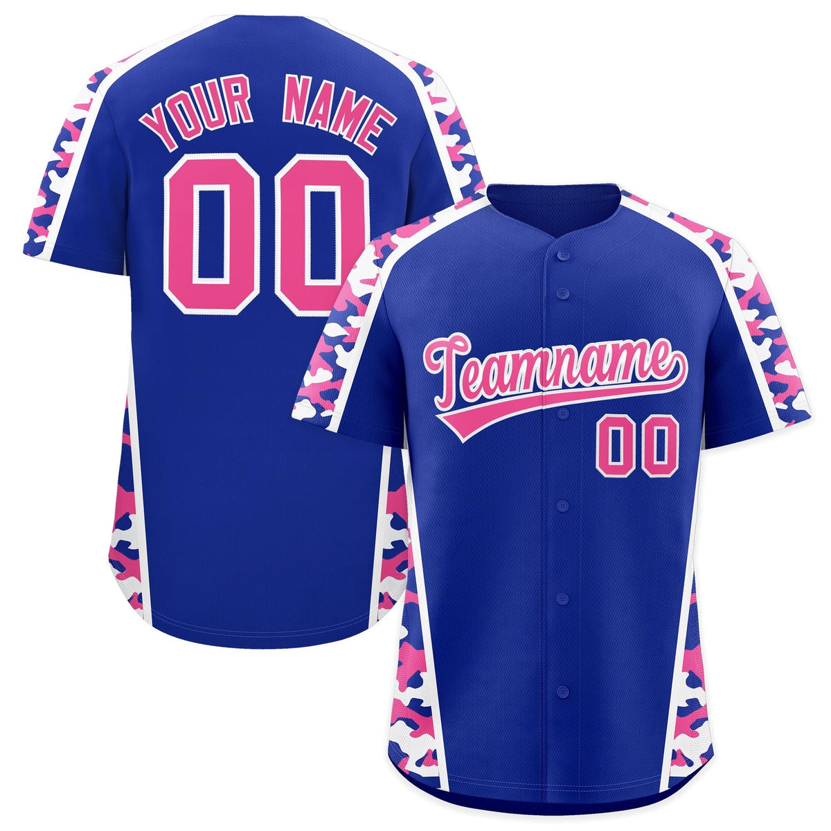 Custom Royal Blue Pink Side Camo Style Personalization Baseball Jersey| KXKSHOP