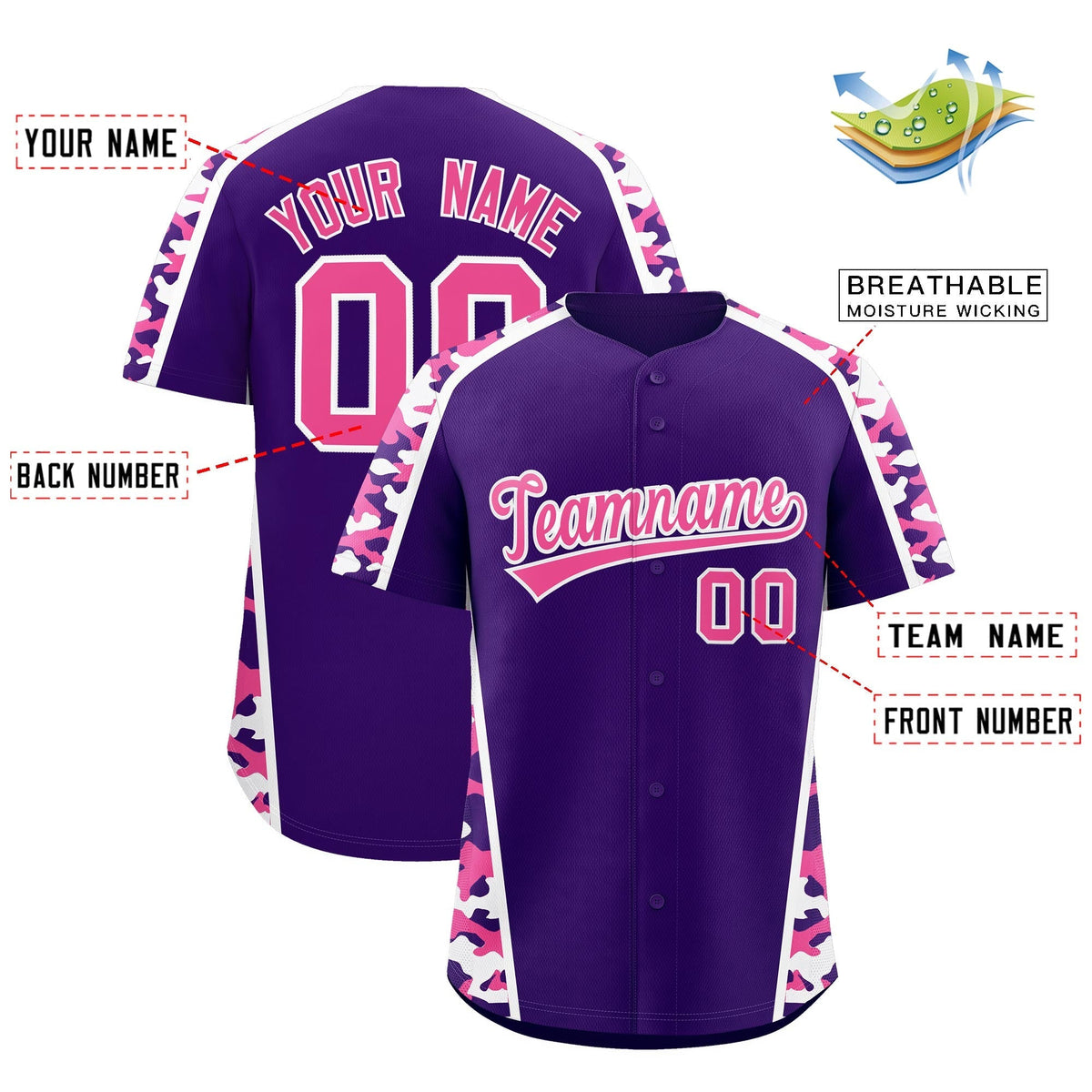 Custom Purple Pink Side Camo Style Personalization Baseball Jersey| KXKSHOP
