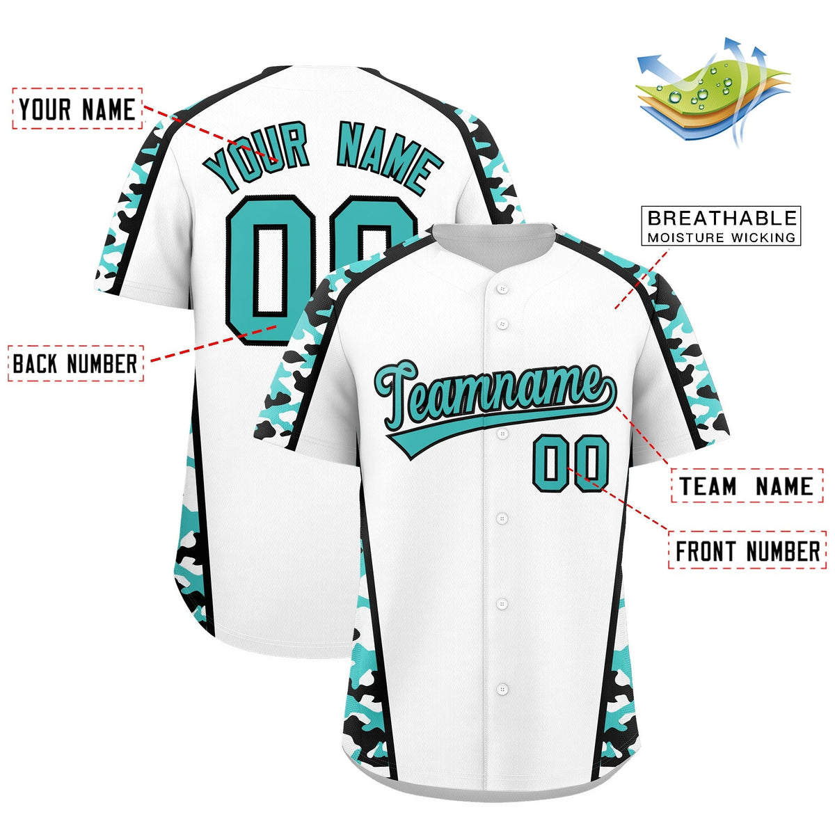 Custom White Teal Side Camo Style Personalization Baseball Jersey| KXKSHOP