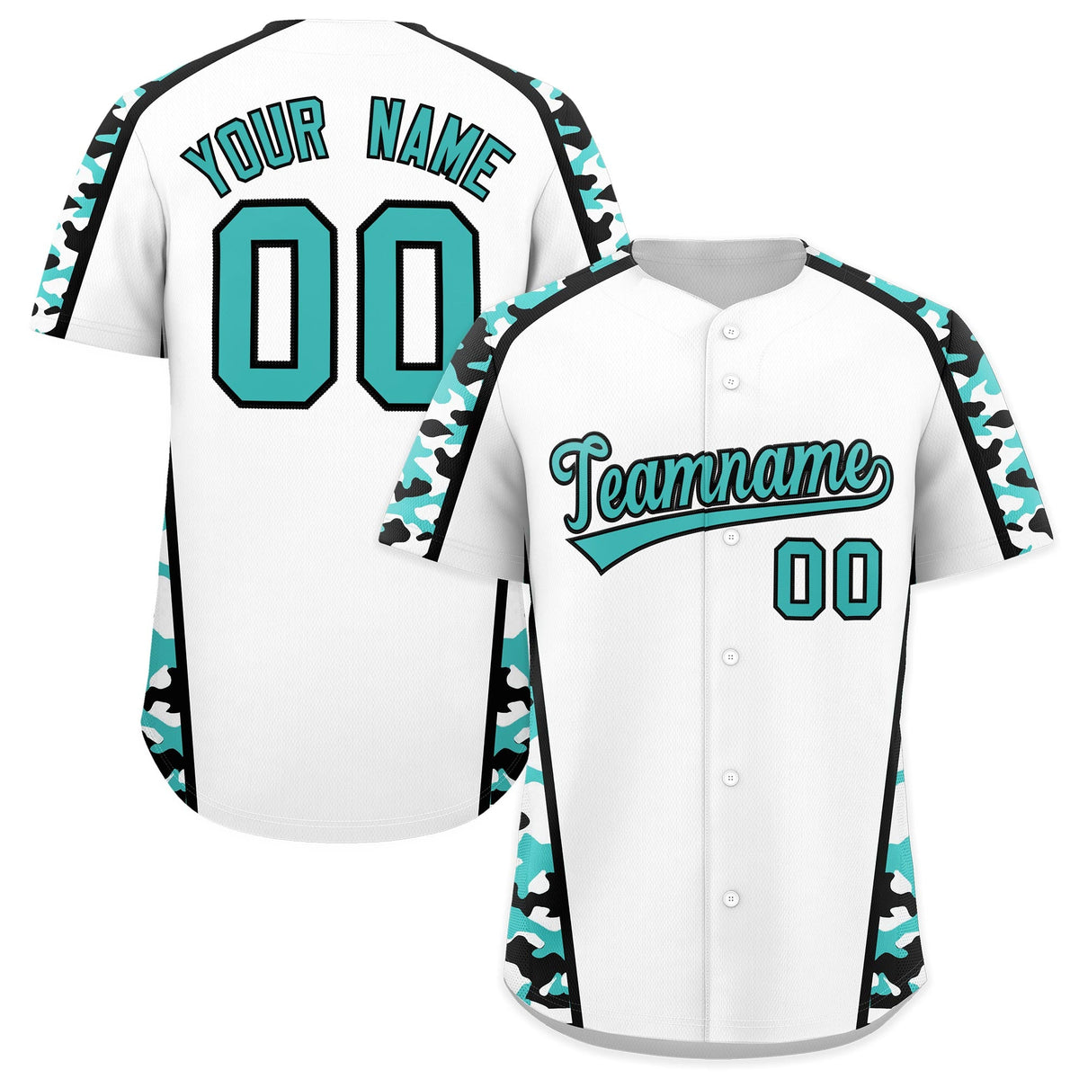 Custom White Teal Side Camo Style Personalization Baseball Jersey| KXKSHOP