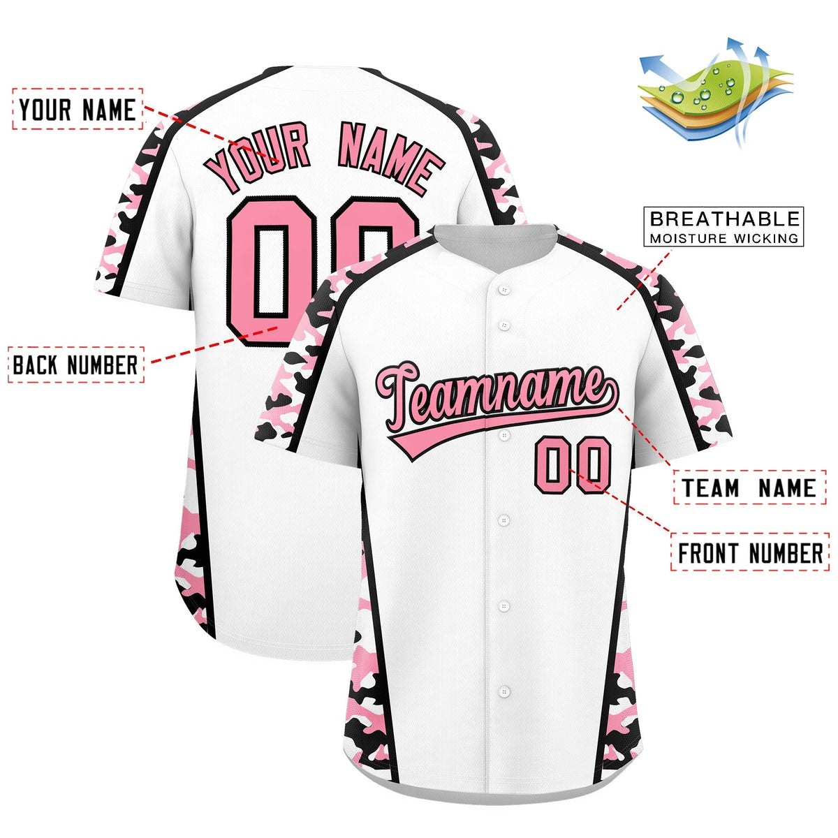 Custom White Light Pink Side Camo Style Personalization Baseball Jersey| KXKSHOP