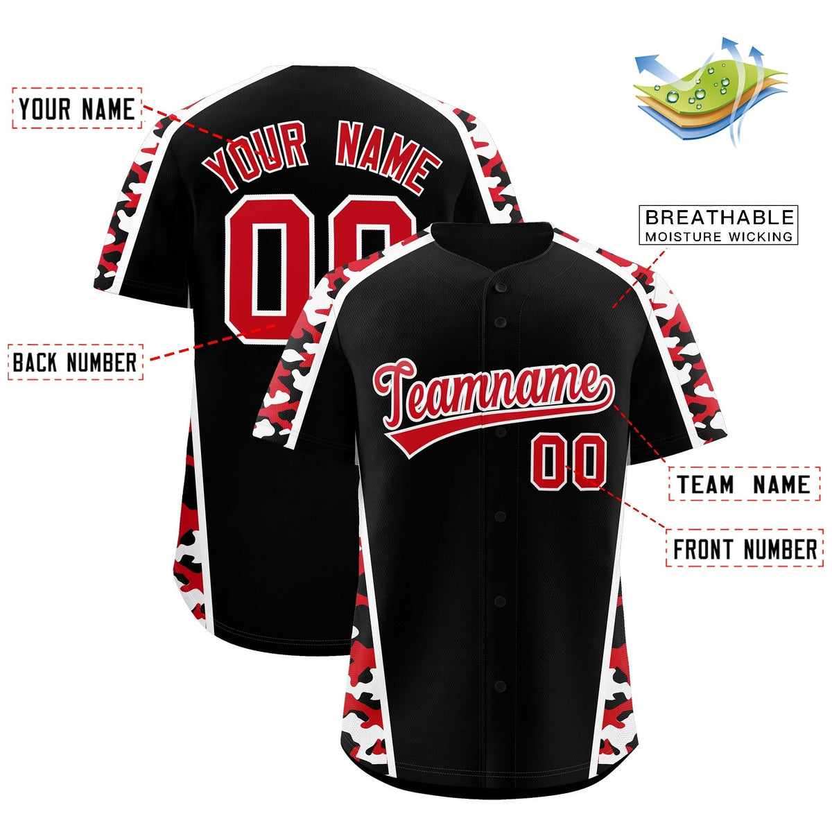 Custom Black Red Side Camo Style Personalization Baseball Jersey| KXKSHOP