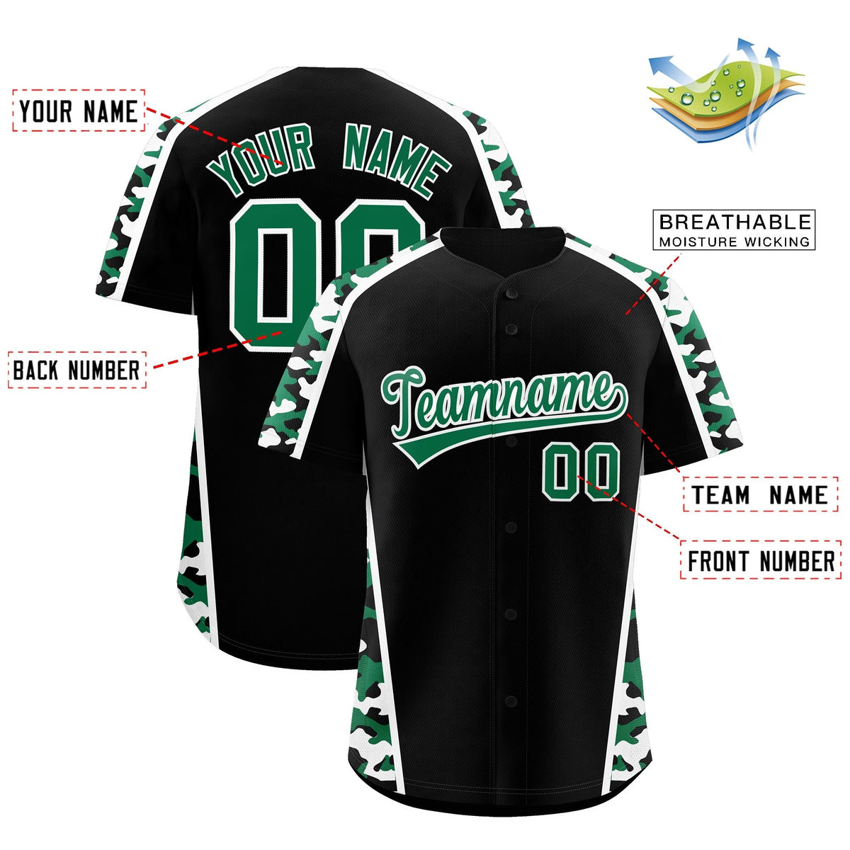 Custom Black Kelly Green Side Camo Style Personalization Baseball Jersey| KXKSHOP