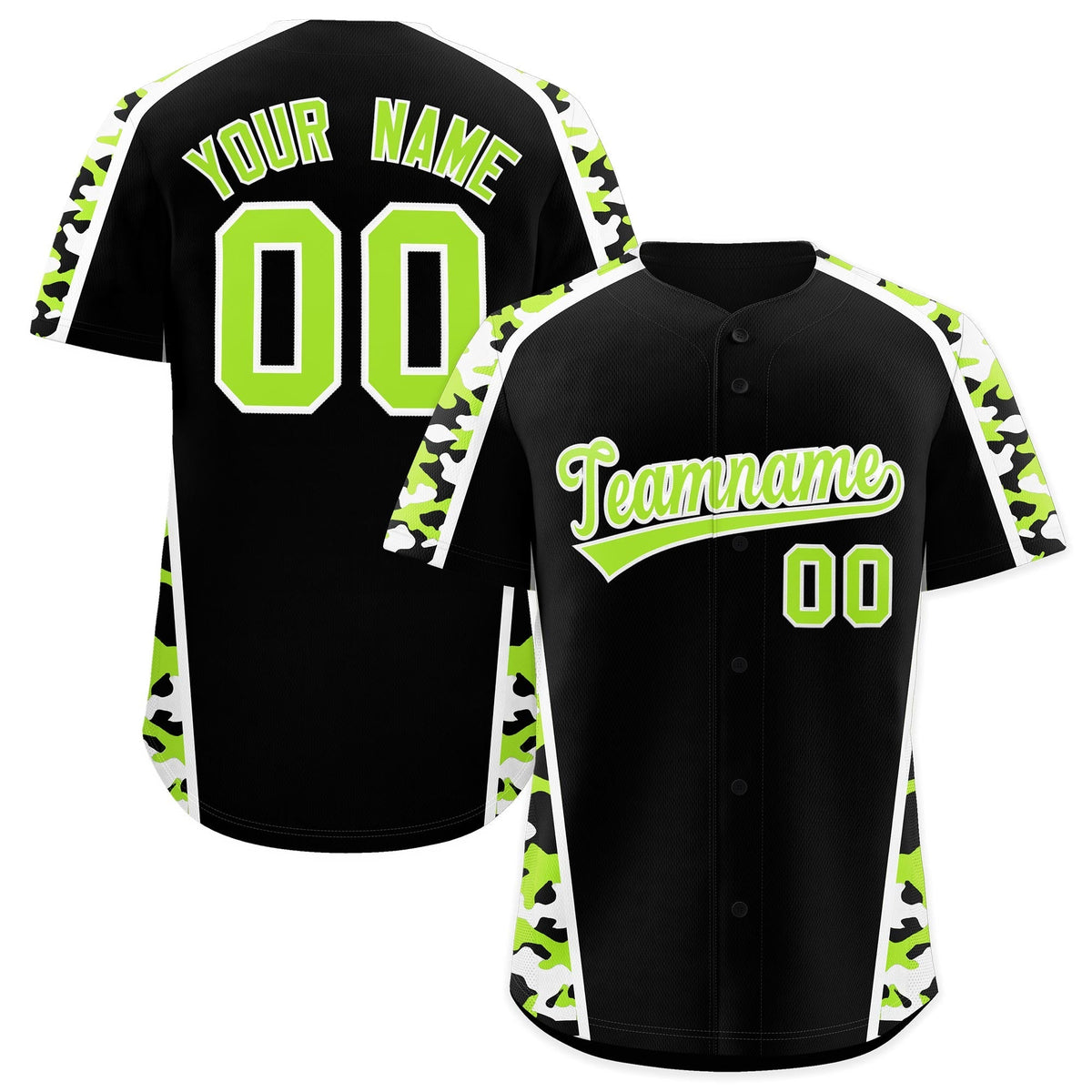 Custom Black Neon Green Side Camo Style Personalization Baseball Jersey| KXKSHOP