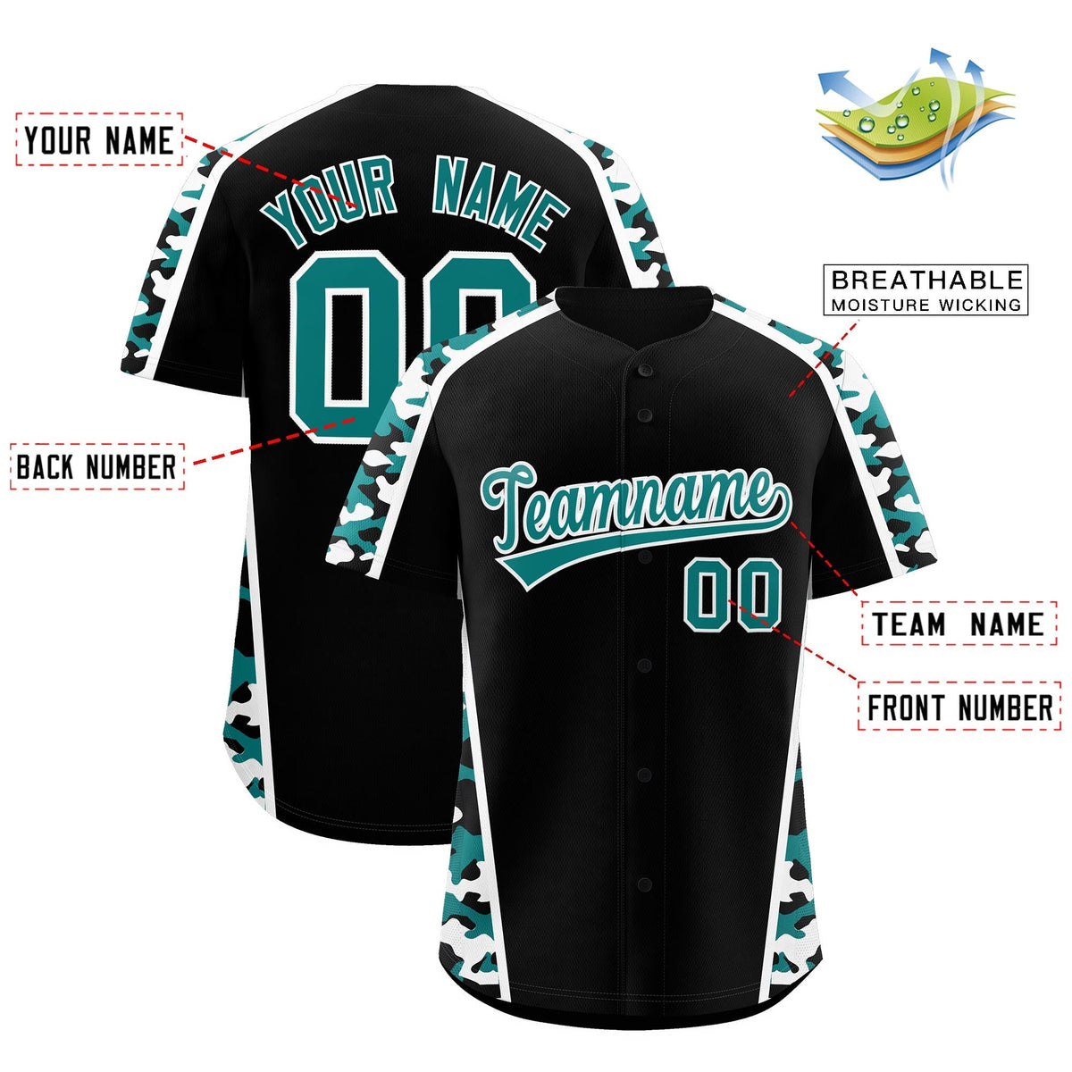 Custom Black Teal White Side Camo Style Personalization Baseball Jersey| KXKSHOP