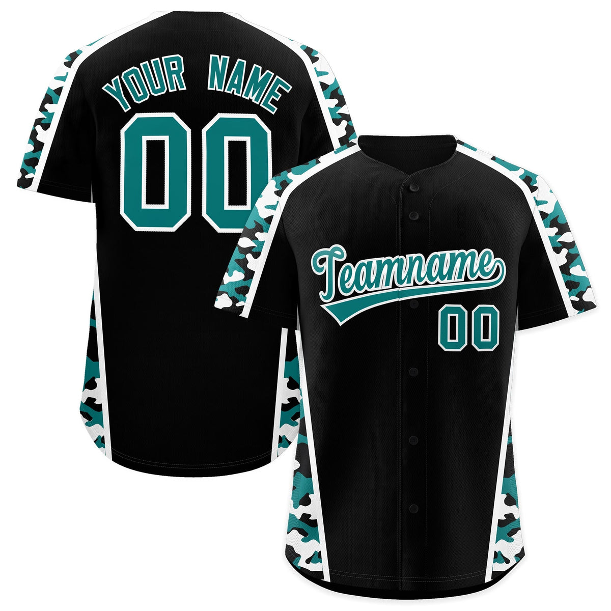 Custom Black Teal White Side Camo Style Personalization Baseball Jersey| KXKSHOP