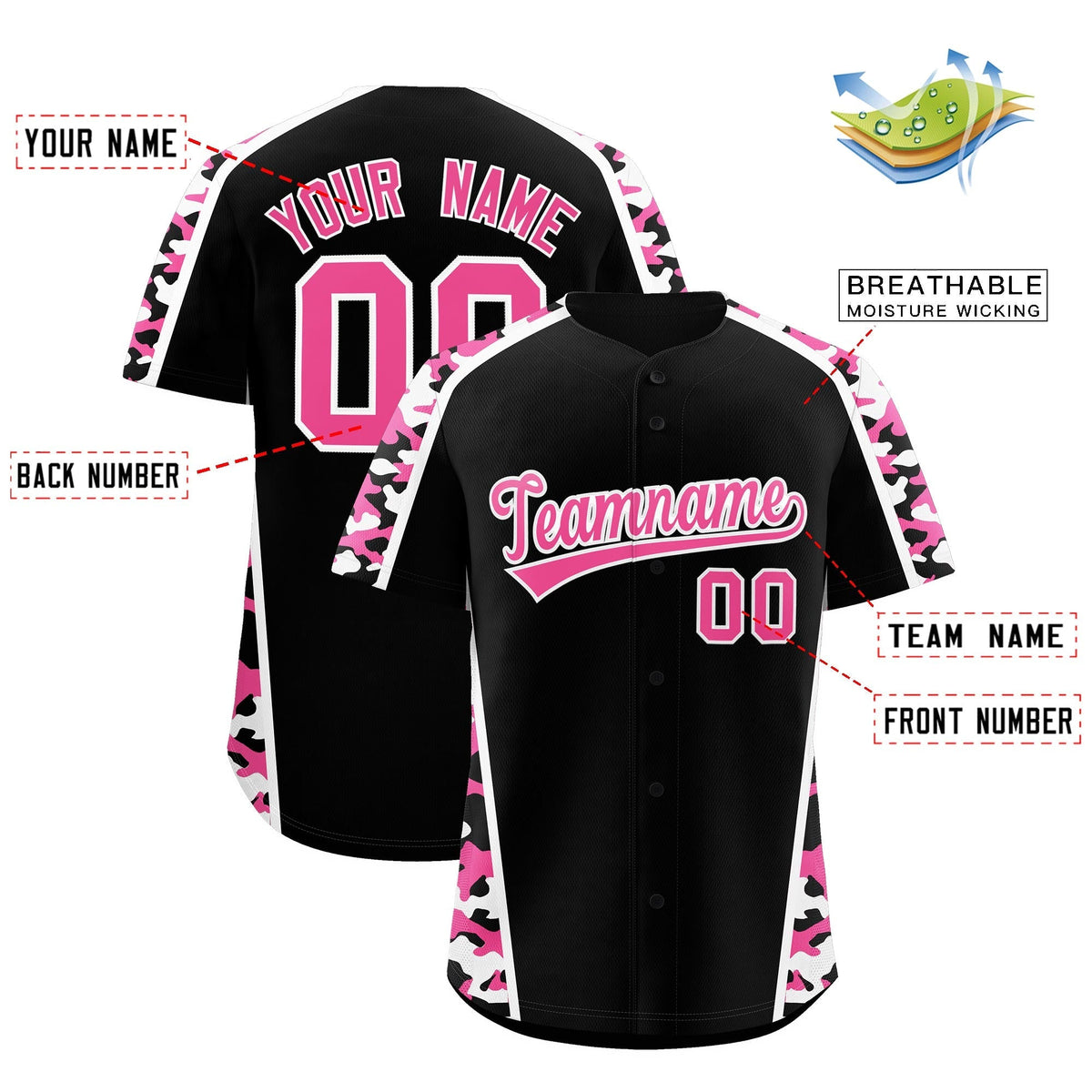Custom Black Pink Side Camo Style Personalization Baseball Jersey| KXKSHOP