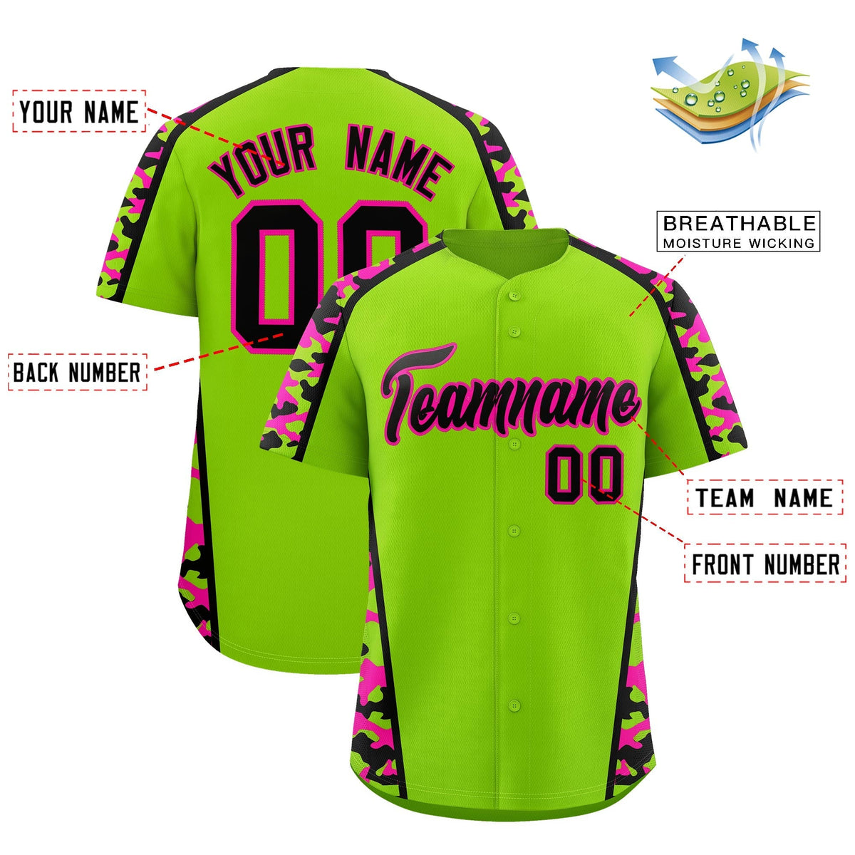 Custom Neon Green Black Pink Side Camo Style Personalization Baseball Jersey| KXKSHOP