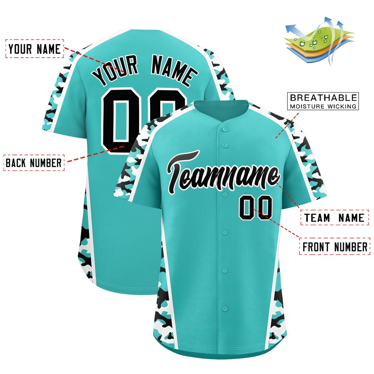 Custom Teal Black Side Camo Style Personalization Baseball Jersey| KXKSHOP