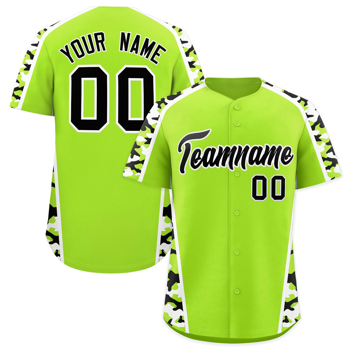 Custom Neon Green Black White Side Camo Style Personalization Baseball Jersey| KXKSHOP