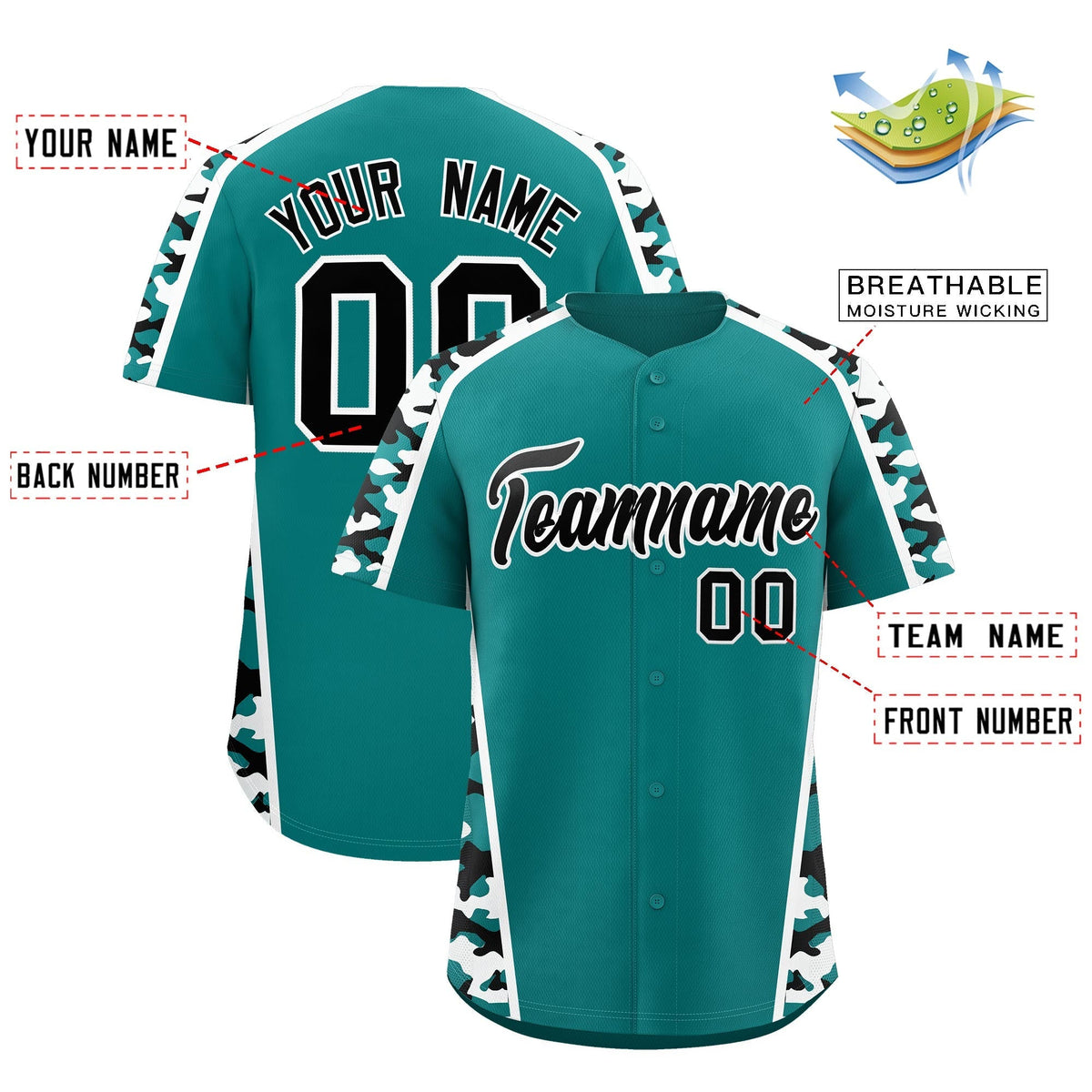 Custom Teal Black White Side Camo Style Personalization Baseball Jersey| KXKSHOP