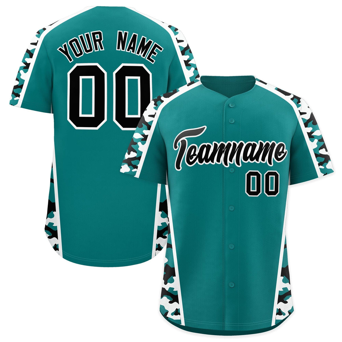 Custom Teal Black White Side Camo Style Personalization Baseball Jersey| KXKSHOP