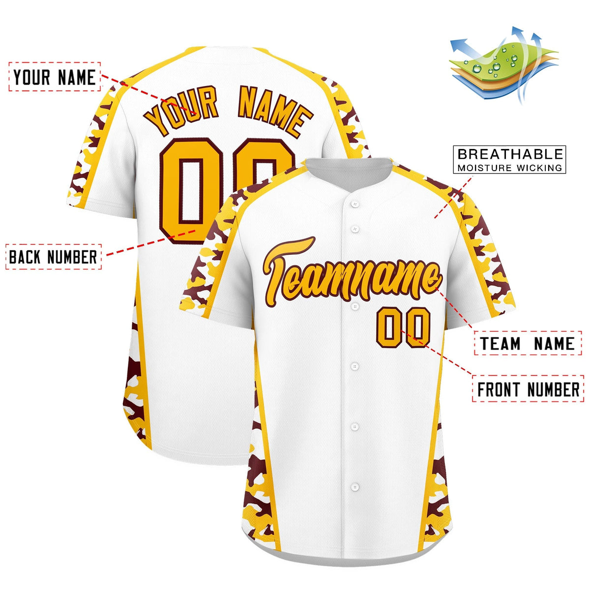 Custom White Yellow Side Camo Style Personalization Baseball Jersey| KXKSHOP