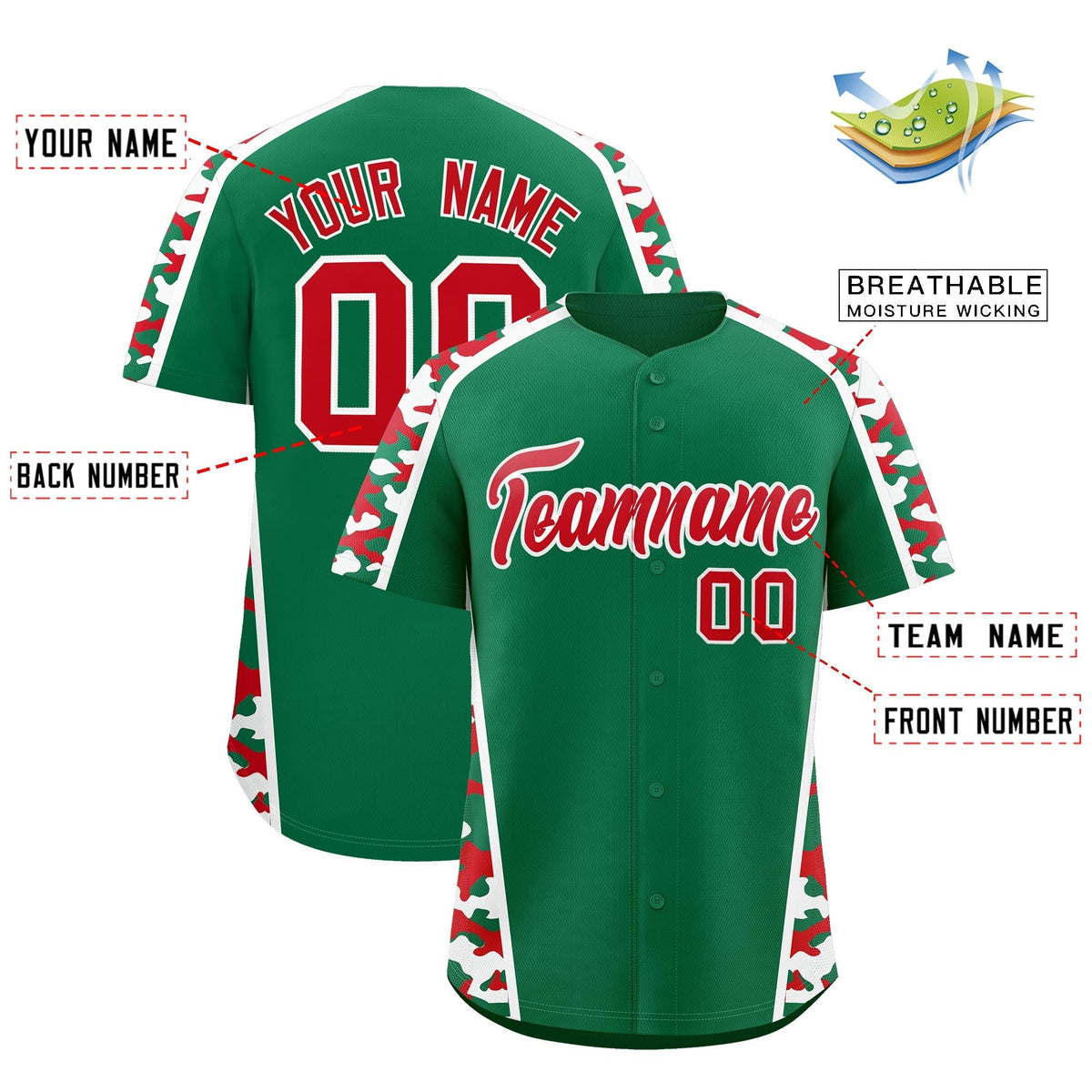 Custom Kelly Green Red Side Camo Style Personalization Baseball Jersey| KXKSHOP