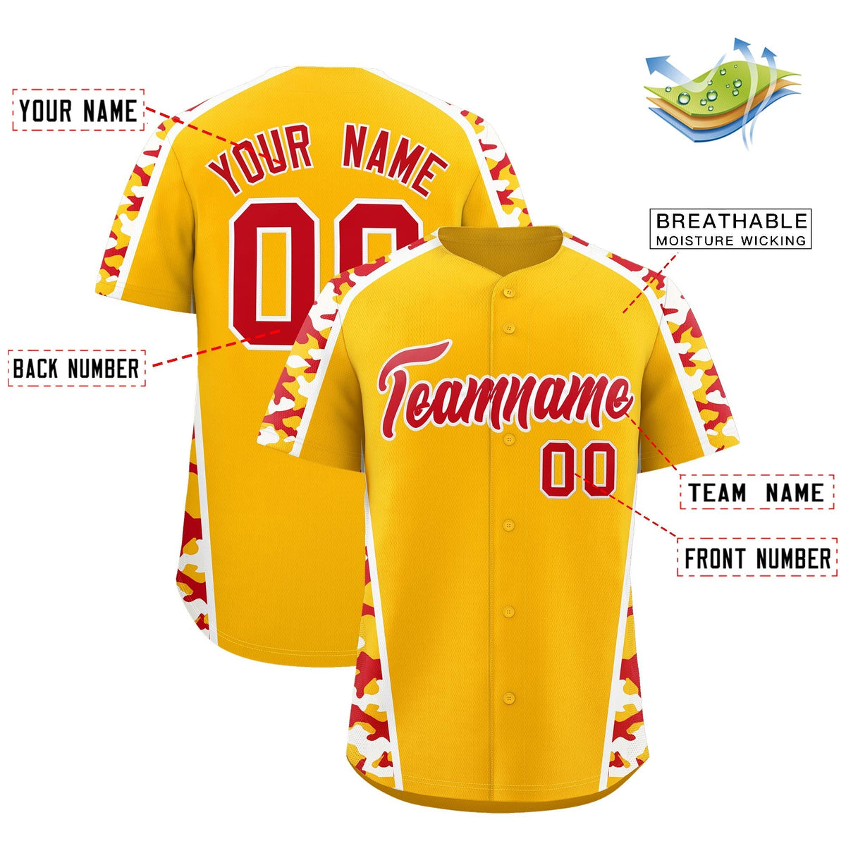 Custom Yellow Red Side Camo Style Personalization Baseball Jersey| KXKSHOP