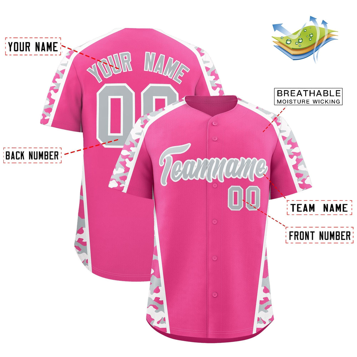 Custom Pink Silver Side Camo Style Personalization Baseball Jersey| KXKSHOP