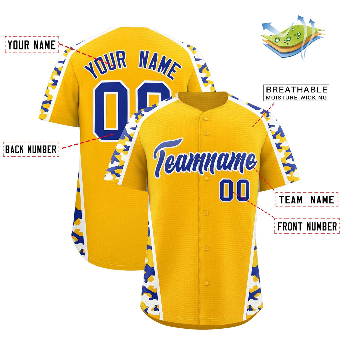 Custom Yellow Royal Blue Side Camo Style Personalization Baseball Jersey| KXKSHOP