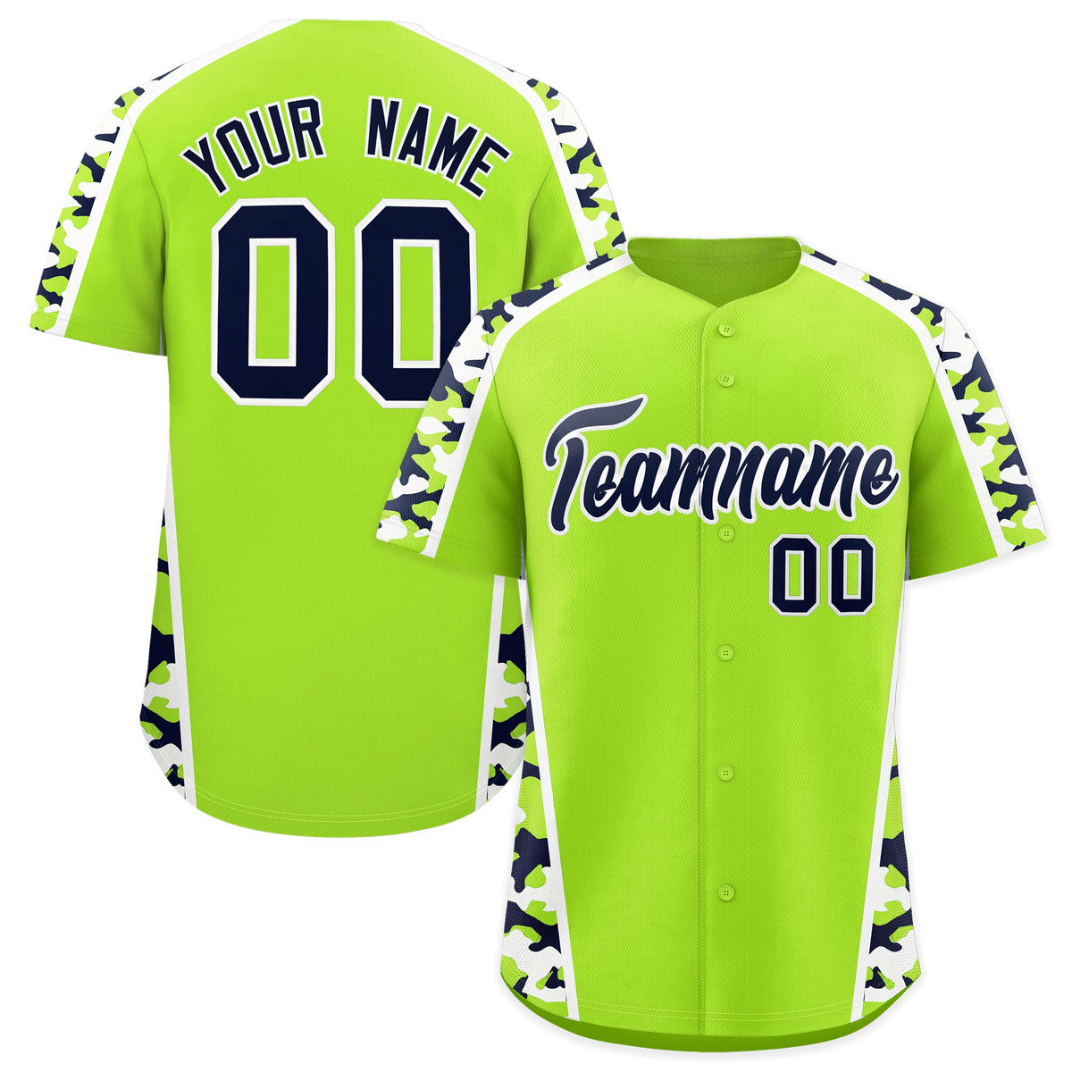 Custom Neon Green Navy Side Camo Style Personalization Baseball Jersey| KXKSHOP