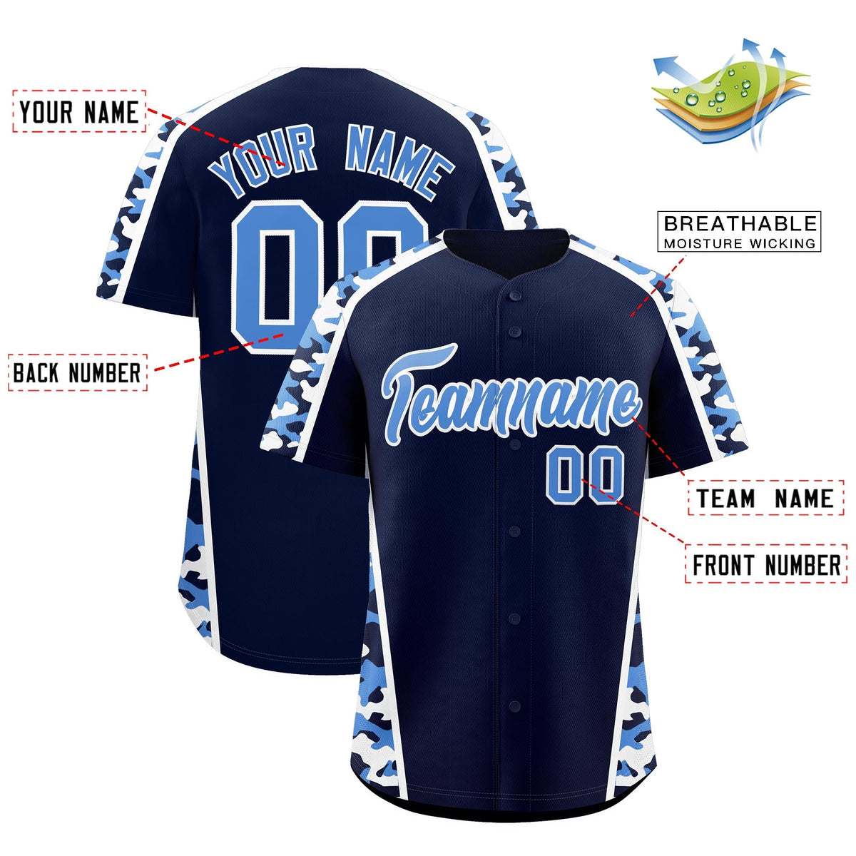 Custom Navy Powder Blue Side Camo Style Personalization Baseball Jersey| KXKSHOP