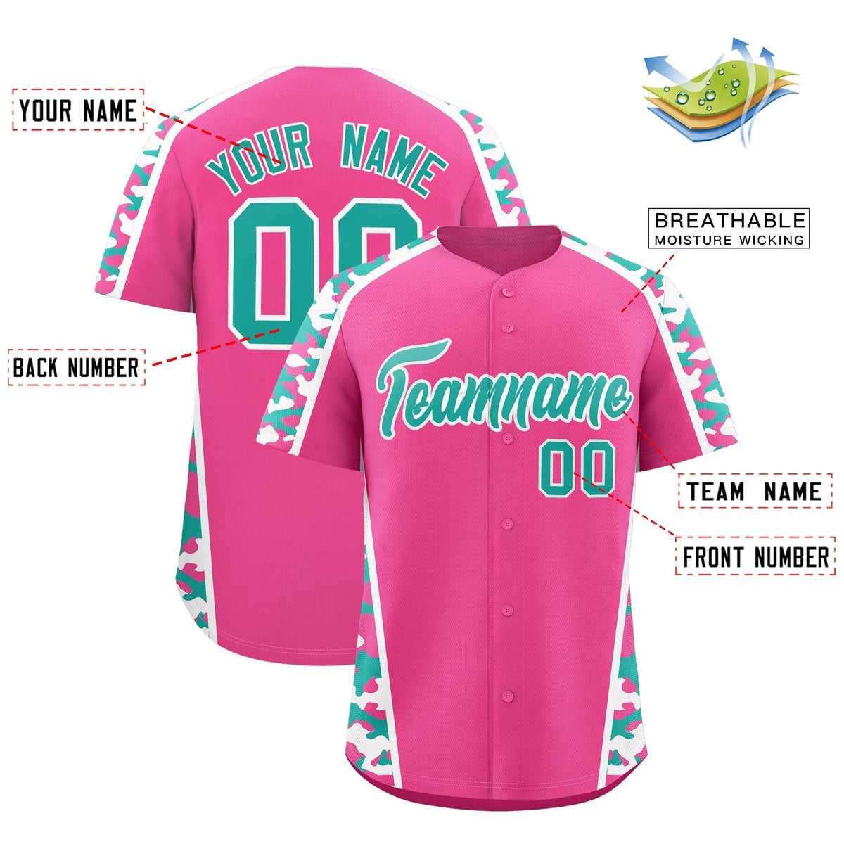 Custom Pink Aqua Side Camo Style Personalization Baseball Jersey| KXKSHOP