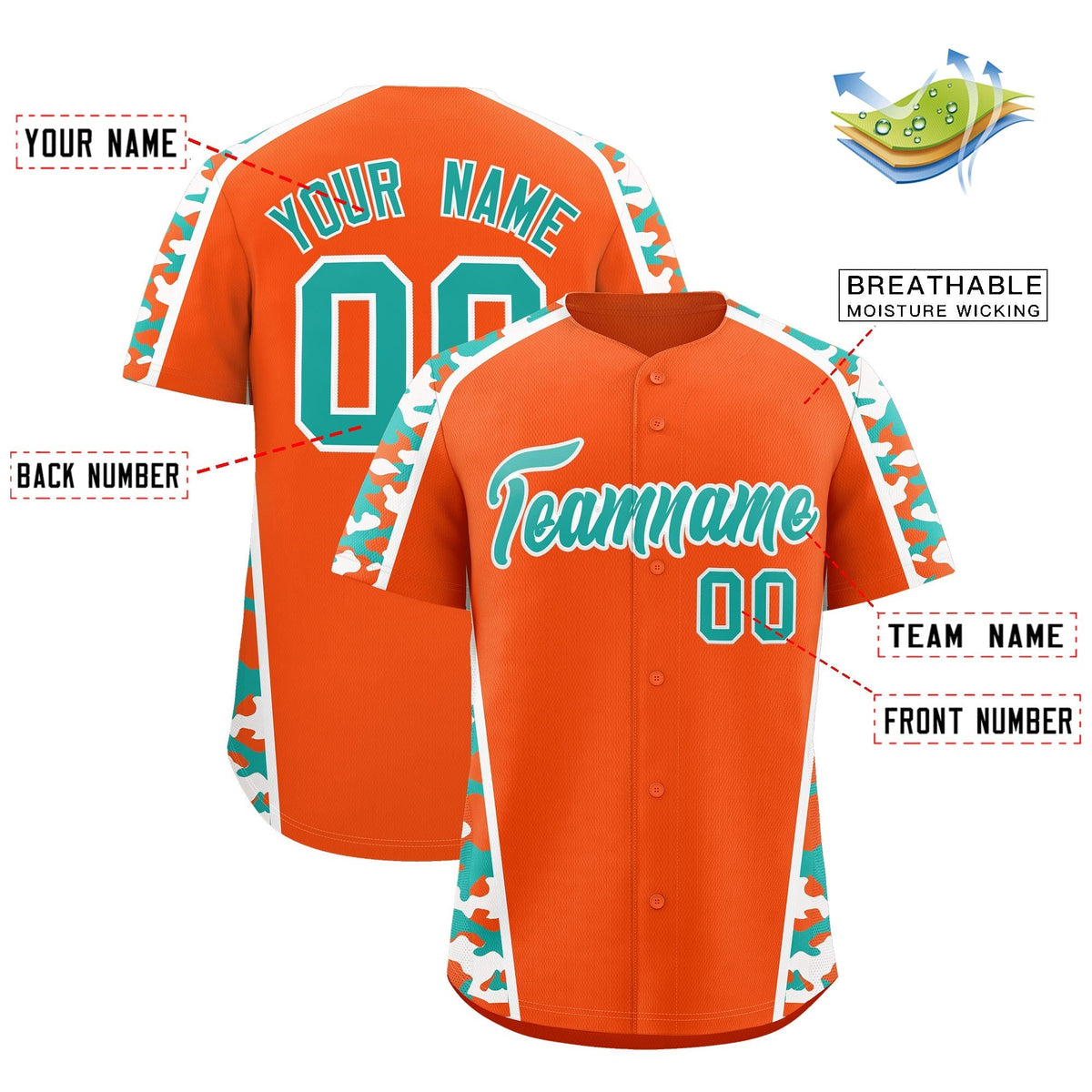 Custom Orange Aqua Side Camo Style Personalization Baseball Jersey| KXKSHOP