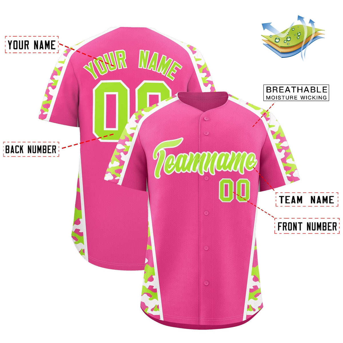 Custom Pink Neon Green Side Camo Style Personalization Baseball Jersey| KXKSHOP