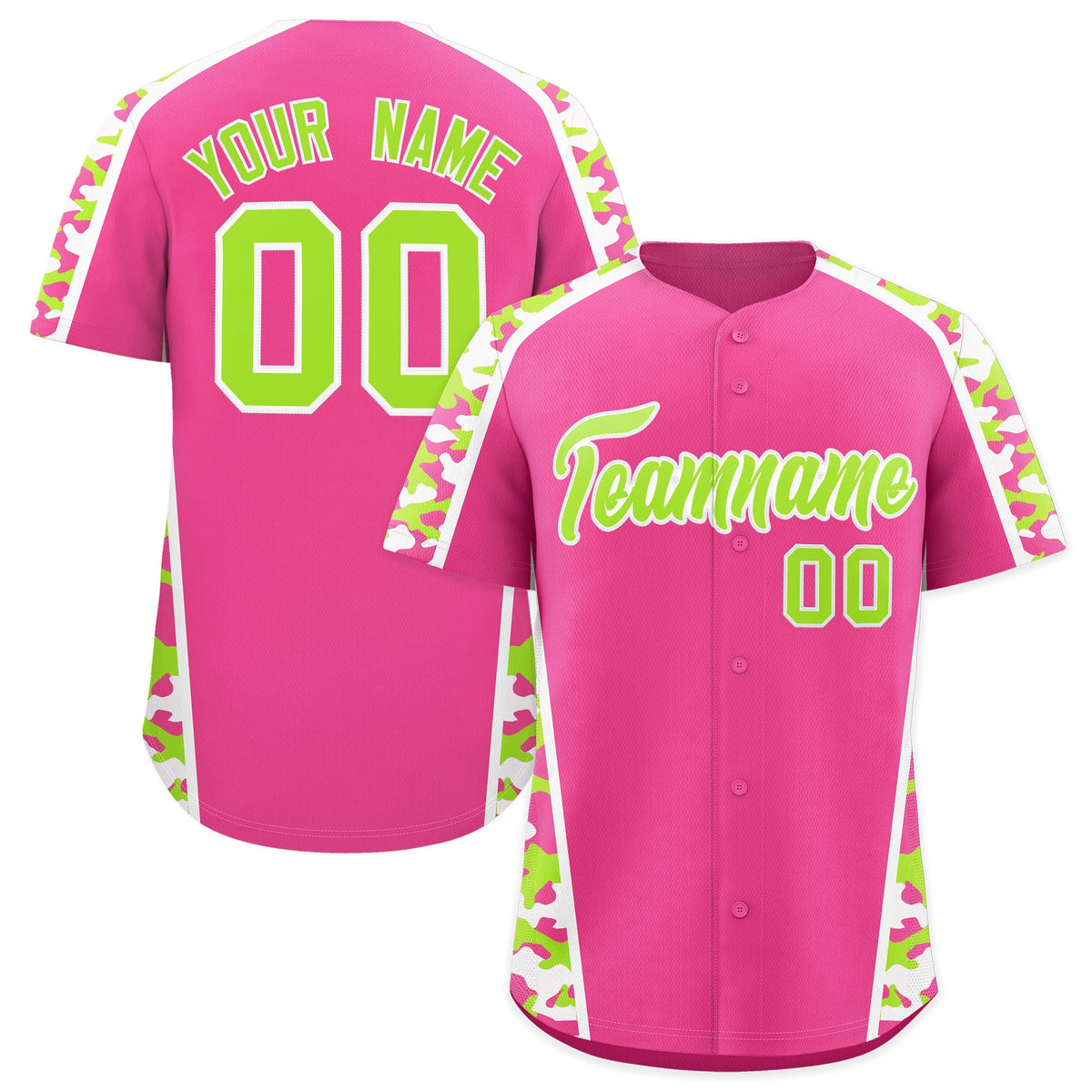Custom Pink Neon Green Side Camo Style Personalization Baseball Jersey| KXKSHOP